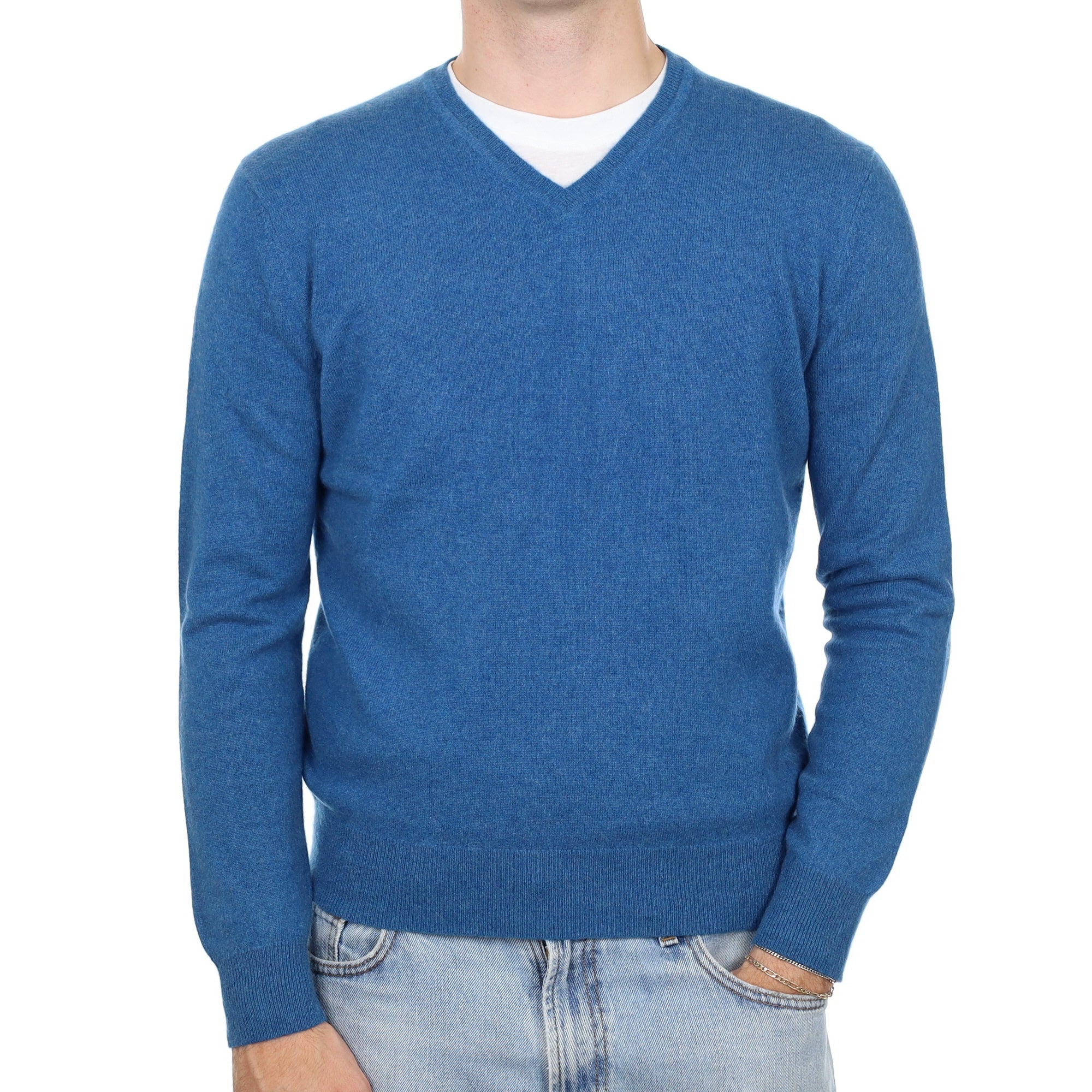 Men's Ocean Blue Cashmere V Neck Jumper Large