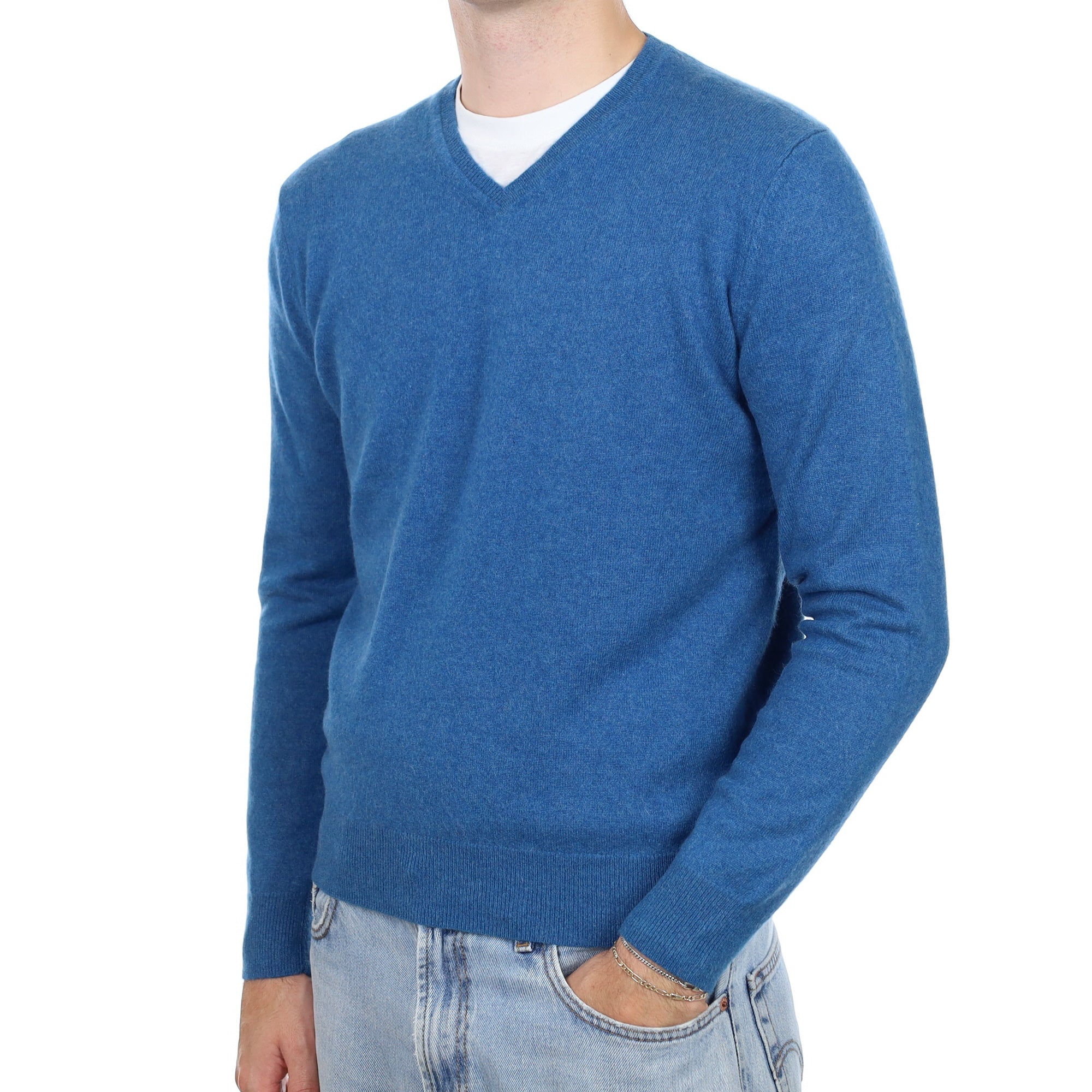 Men's Ocean Blue Cashmere V Neck Jumper Large
