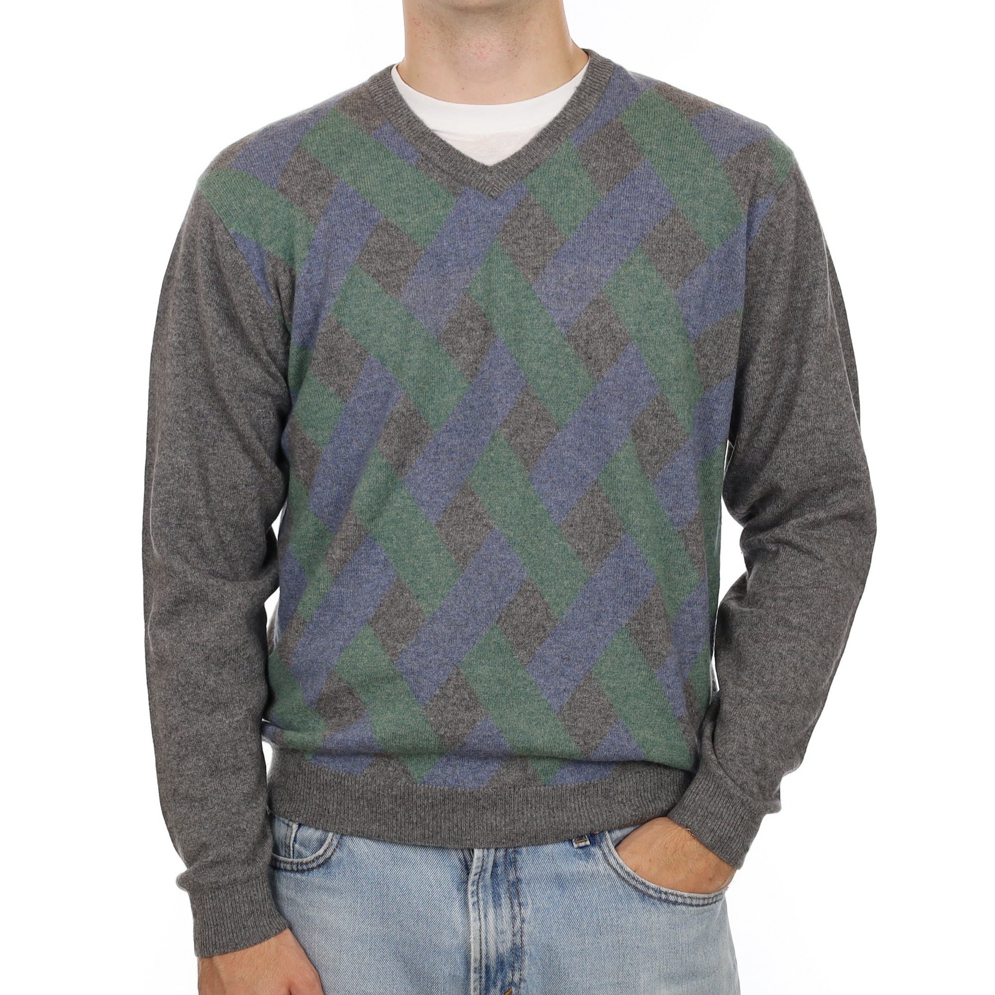 Men's Grey Lattice Pattern Cashmere V Neck Jumper Large