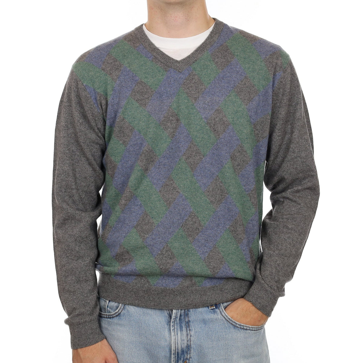 Men's Grey Lattice Pattern Cashmere V Neck Jumper Large