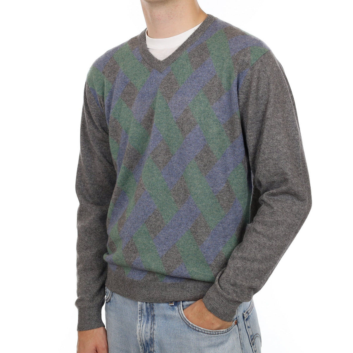 Men's Grey Lattice Pattern Cashmere V Neck Jumper Large