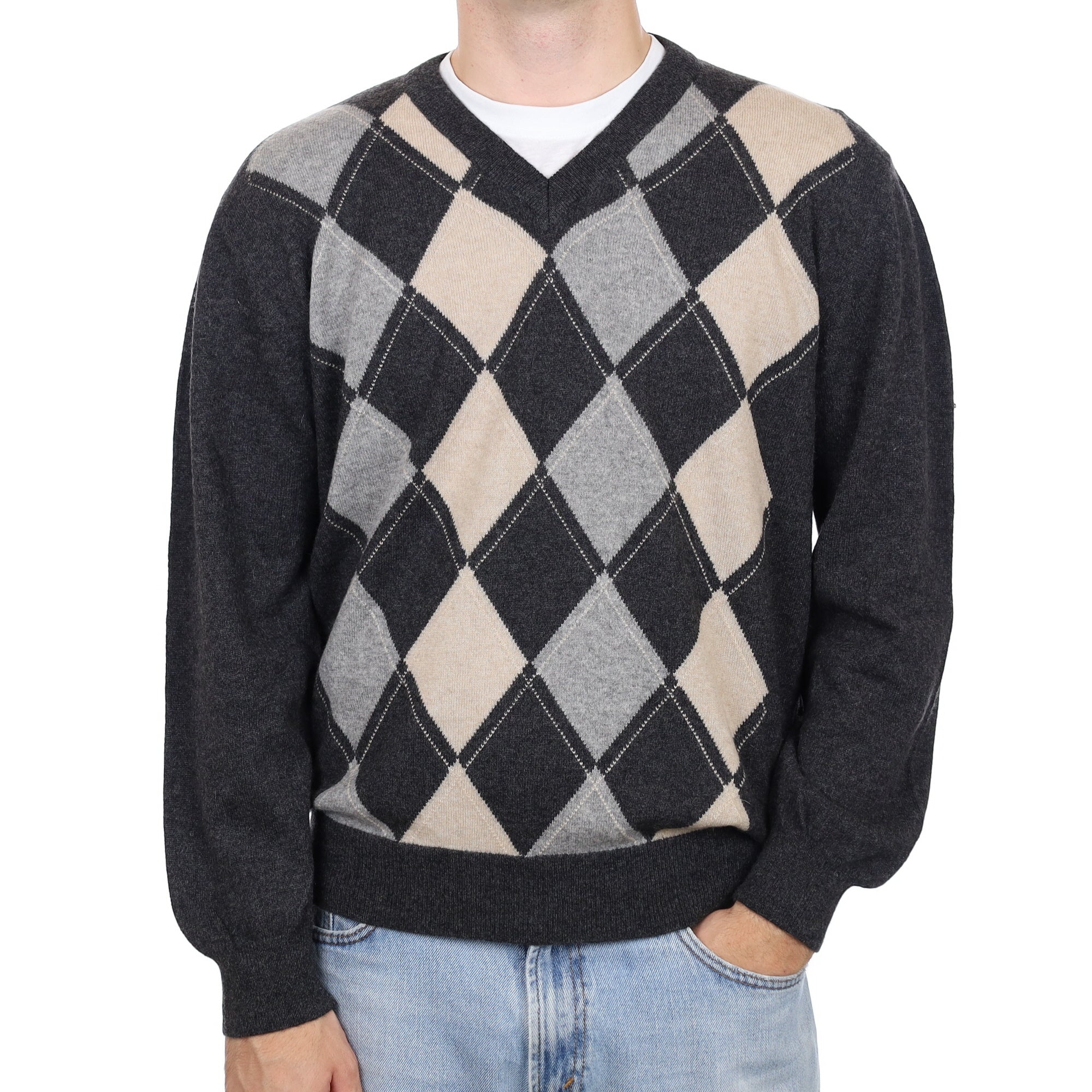Men's Italian Charcoal Argyle Cashmere V Neck Jumper Large