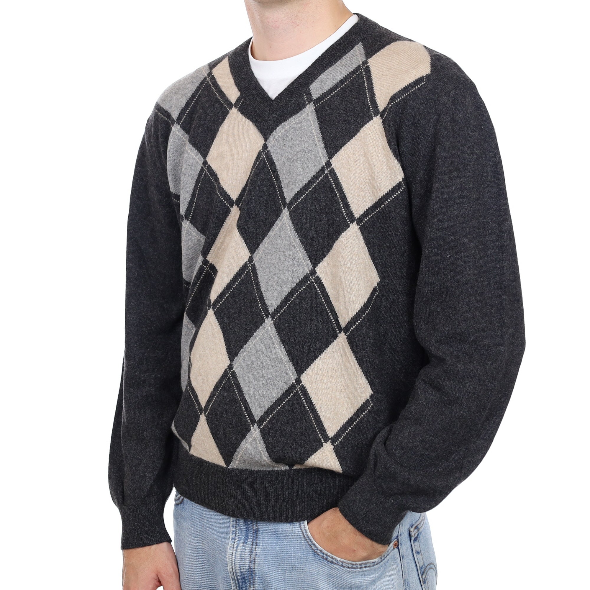 Men's Italian Charcoal Argyle Cashmere V Neck Jumper Large