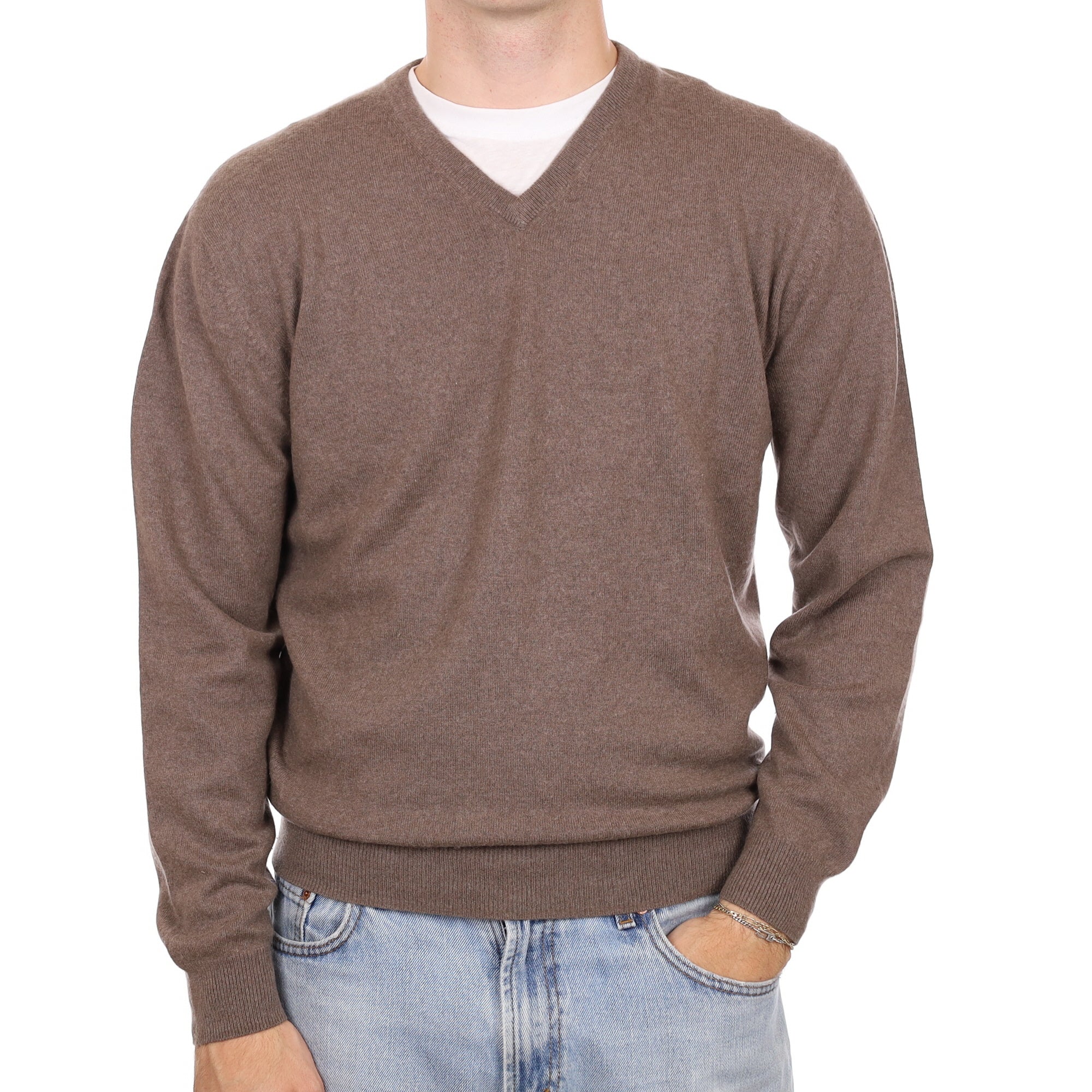 Men's Mocha Brown Cashmere V Neck Jumper Large