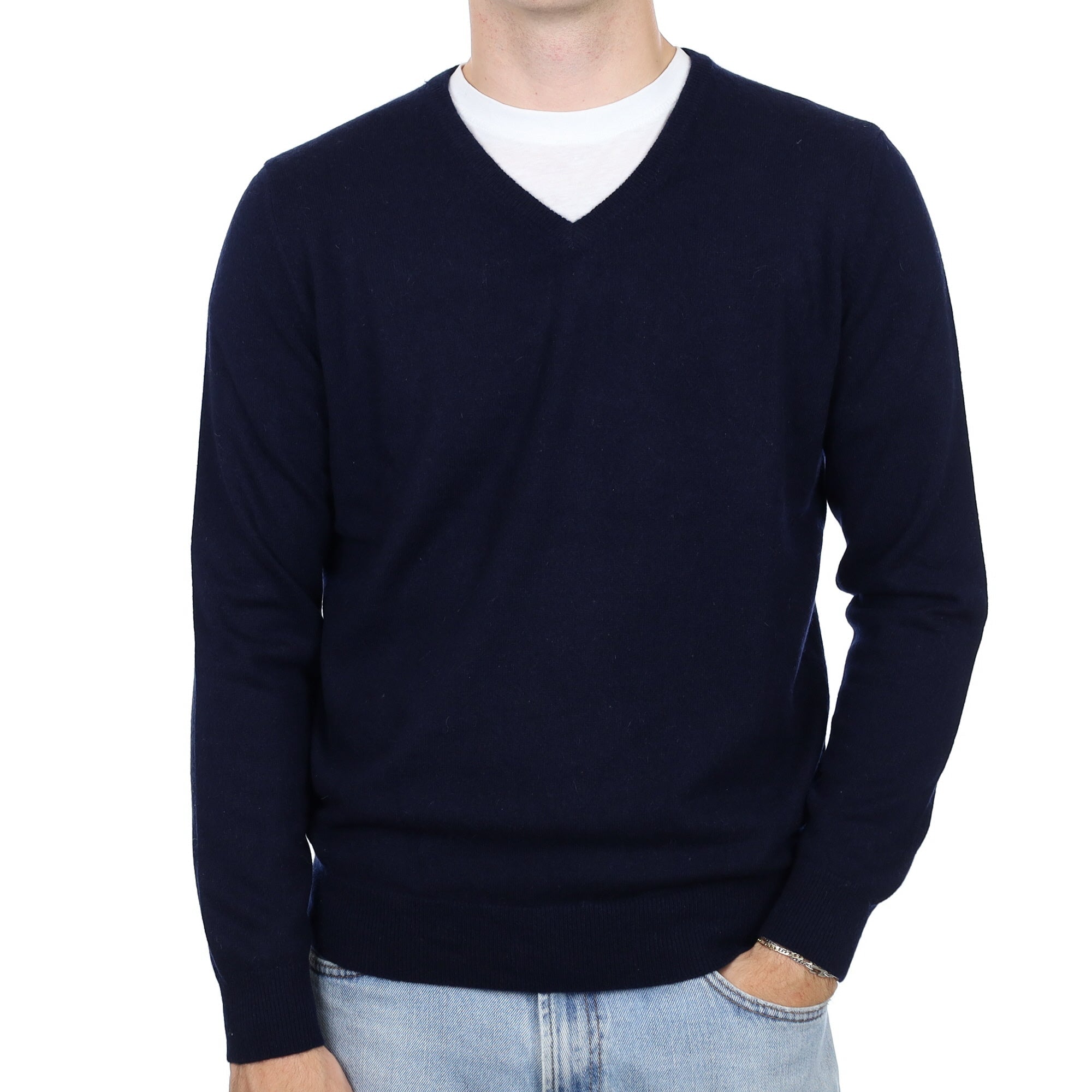 Men's Navy Cashmere V Neck Jumper Large