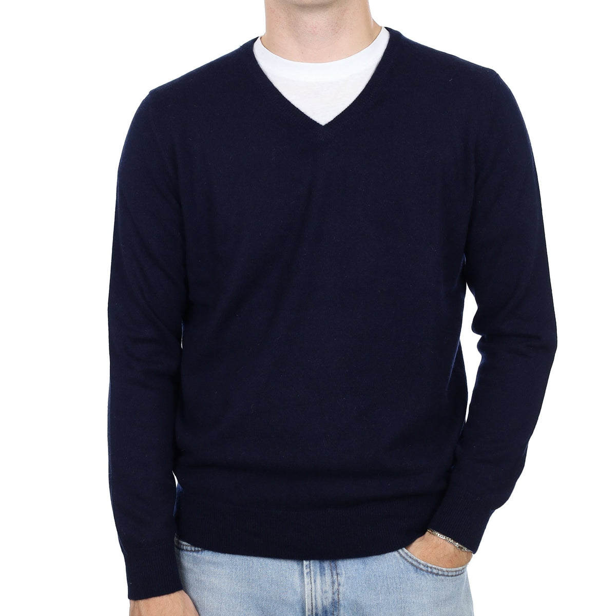 Men's Navy Cashmere V Neck Jumper Large