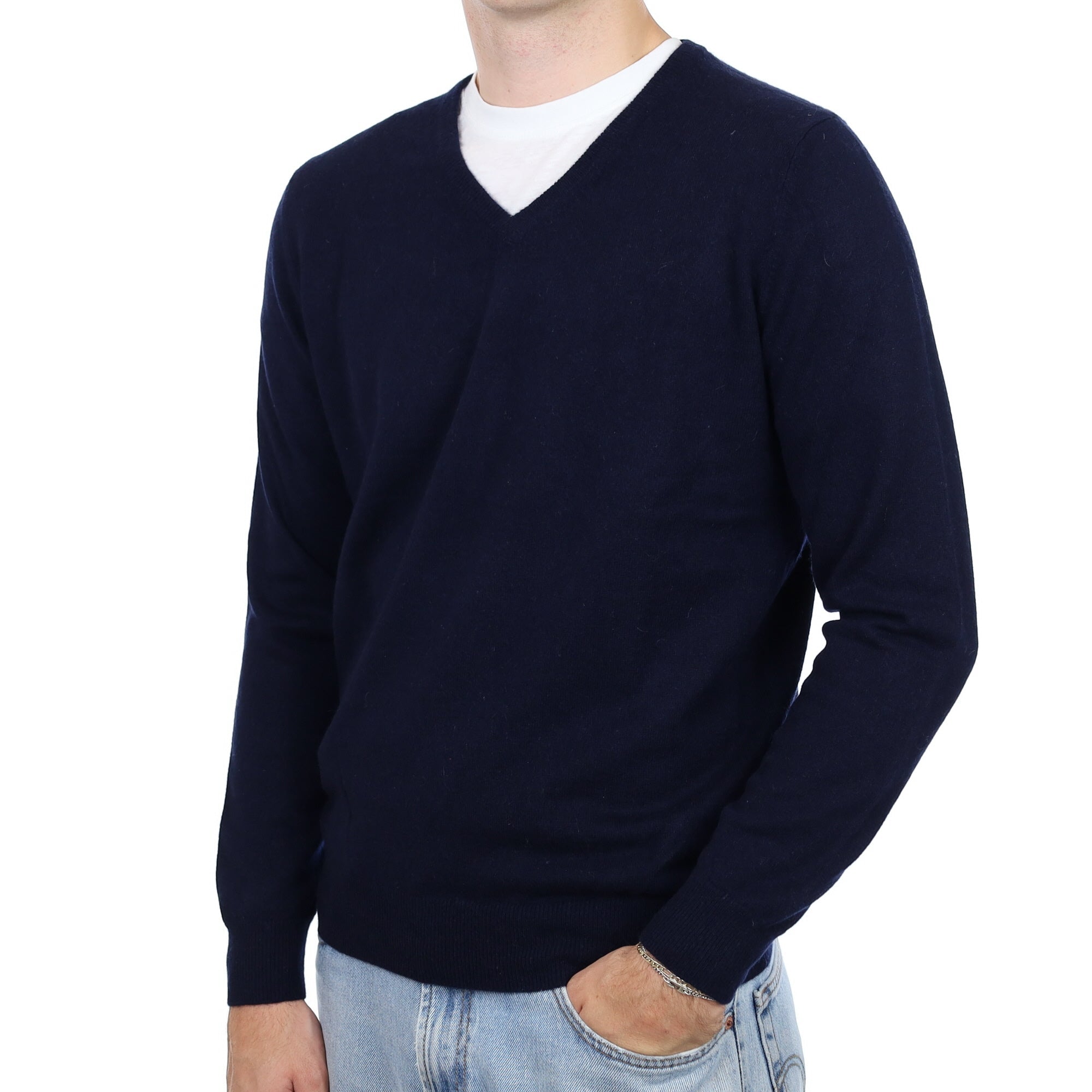 Men's Navy Cashmere V Neck Jumper Large