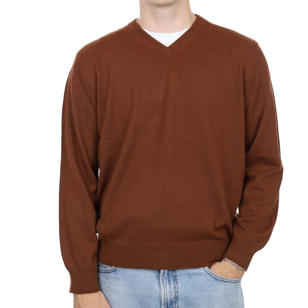 Men's Chestnut Brown Cashmere V Neck Jumper Large