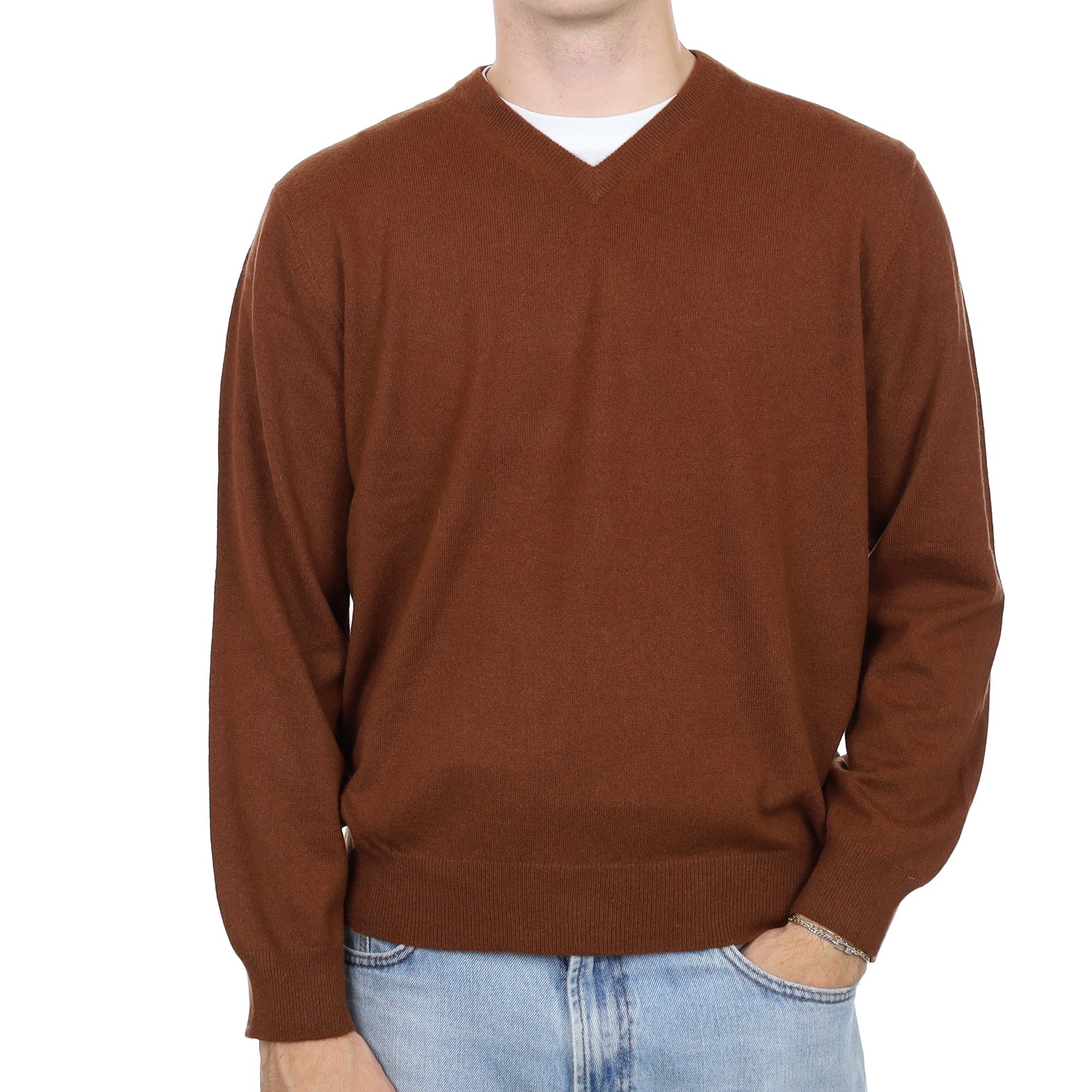 Men's Chestnut Brown Cashmere V Neck Jumper Large