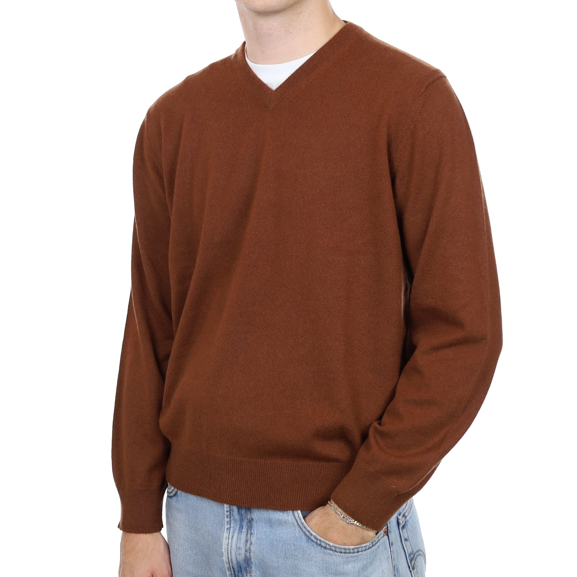 Men's Chestnut Brown Cashmere V Neck Jumper Large