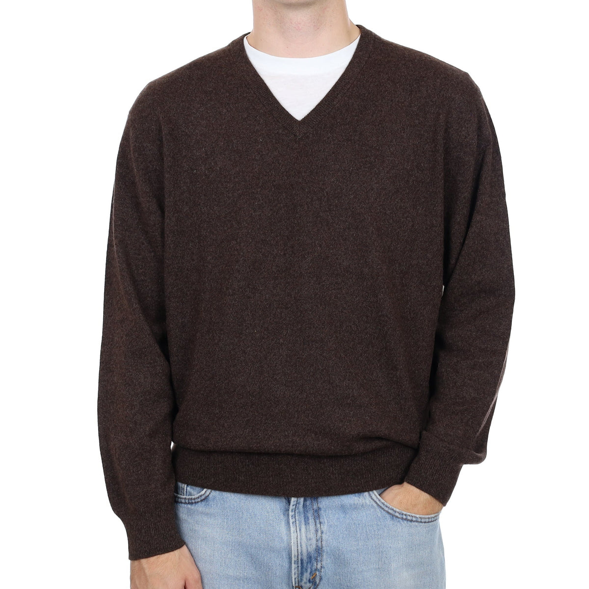 Men's Cracked Peppercorn Cashmere V Neck Jumper Large