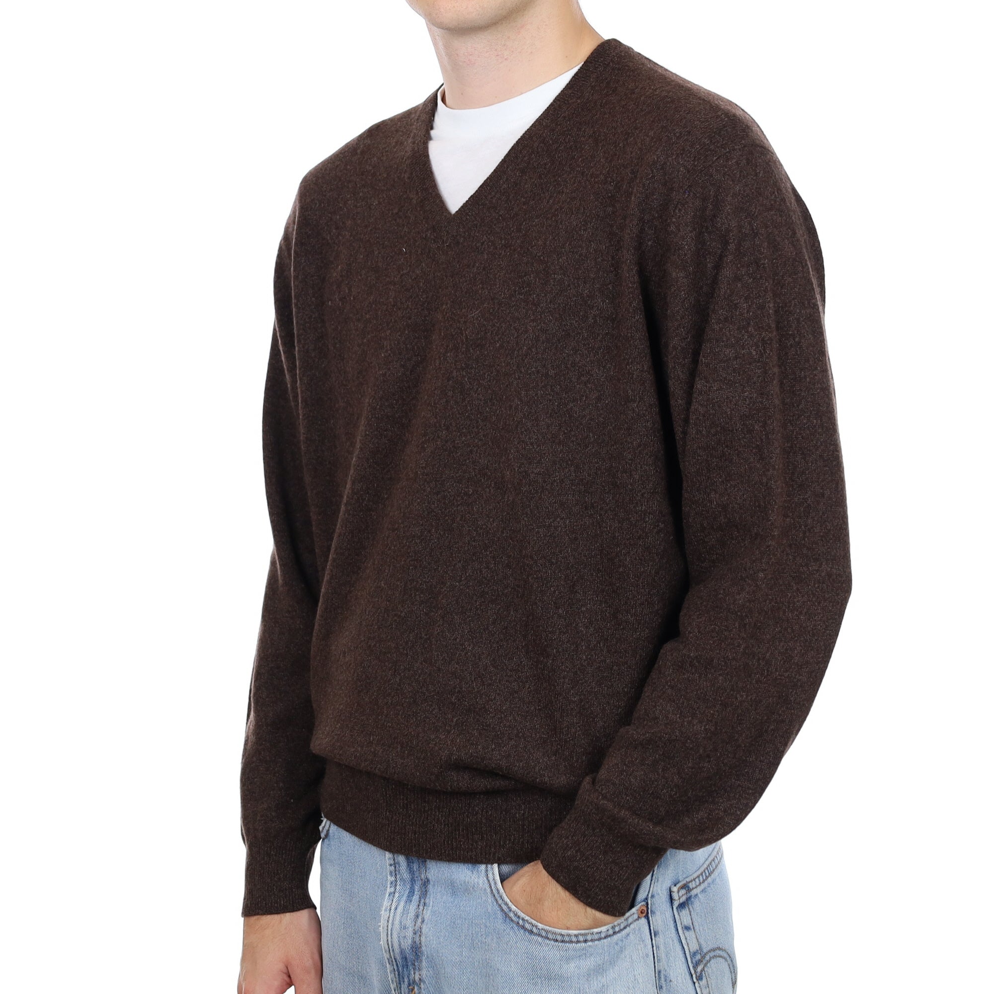 Men's Cracked Peppercorn Cashmere V Neck Jumper Large