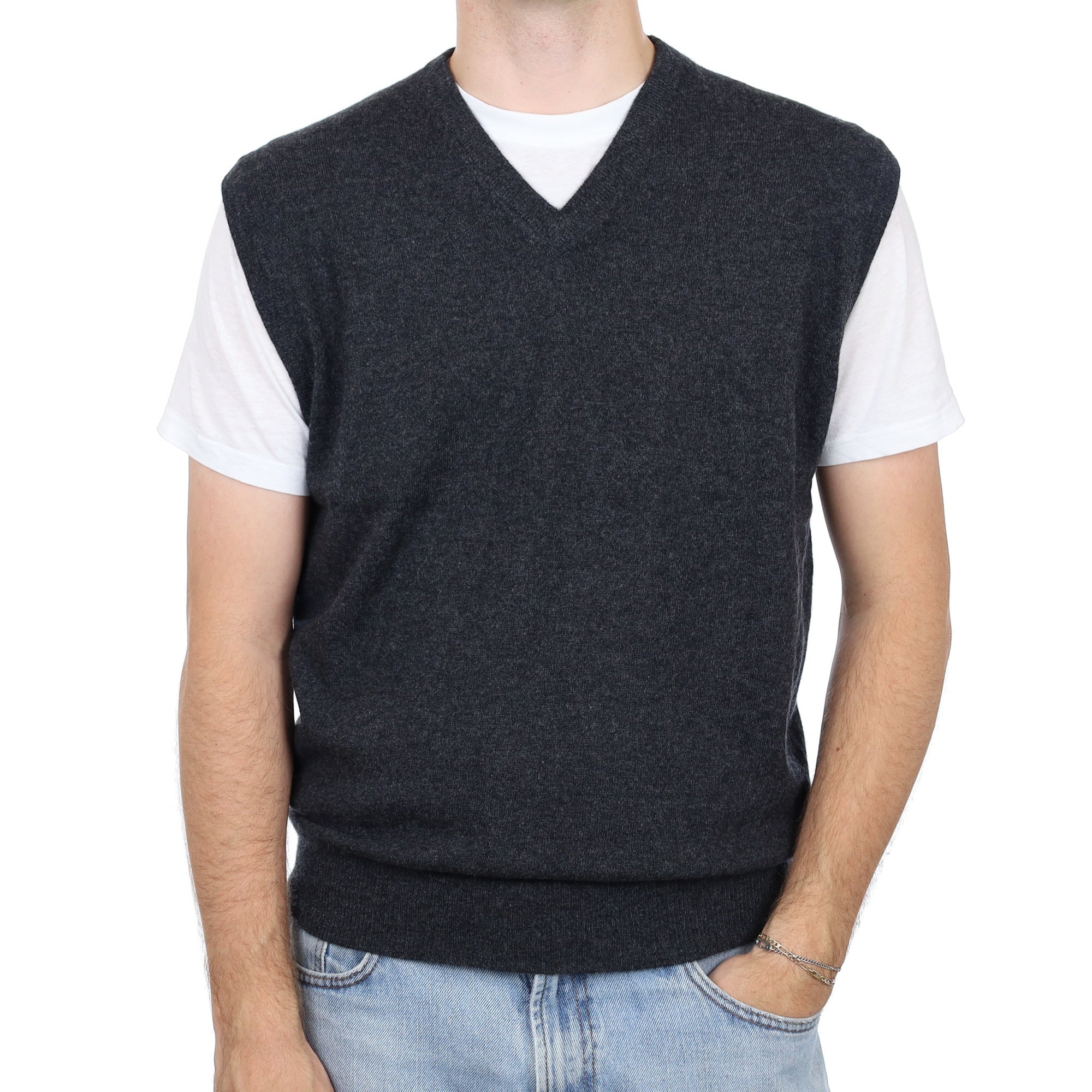 Men's Charcoal Grey Cashmere V Neck Tank Top Large