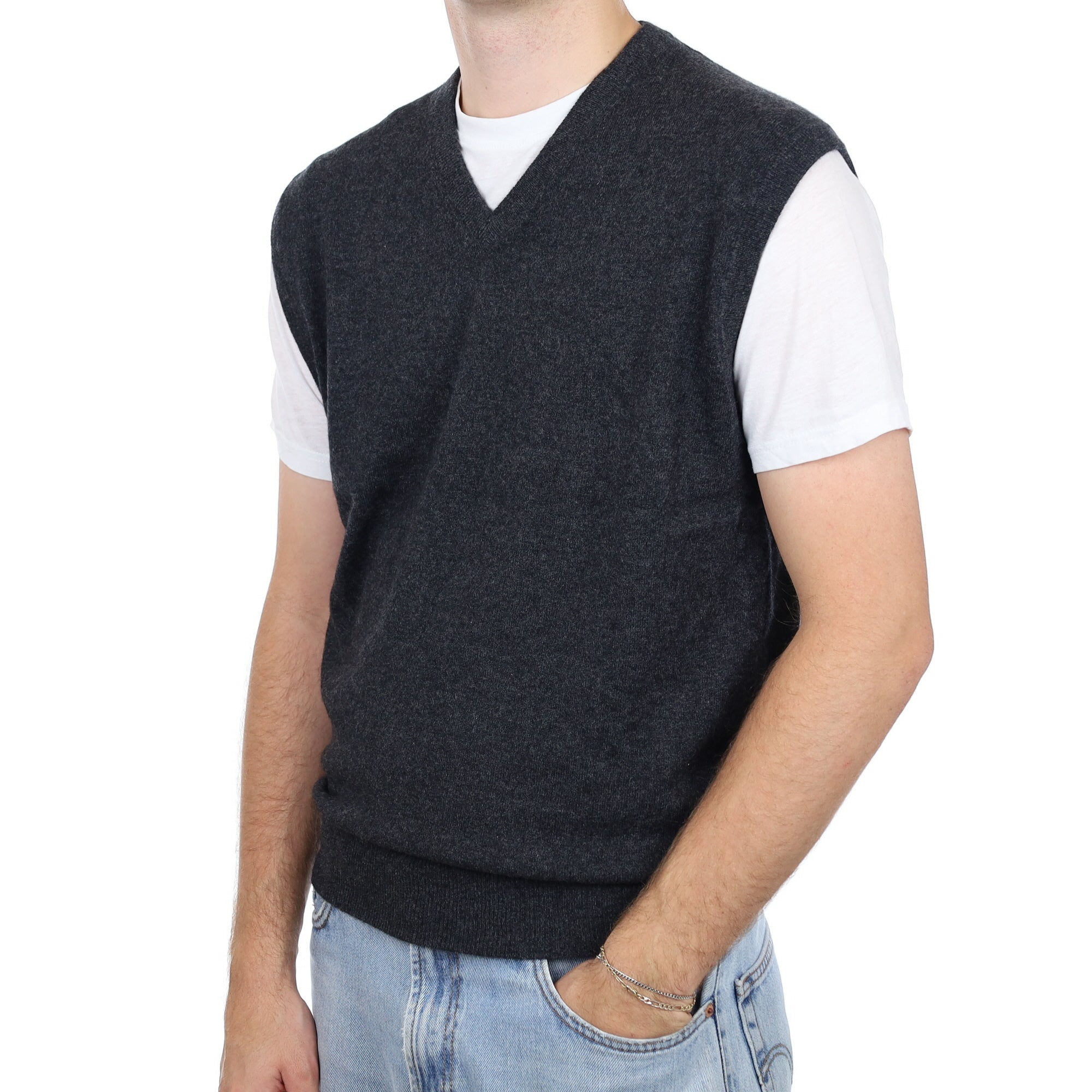 Men's Charcoal Grey Cashmere V Neck Tank Top Large