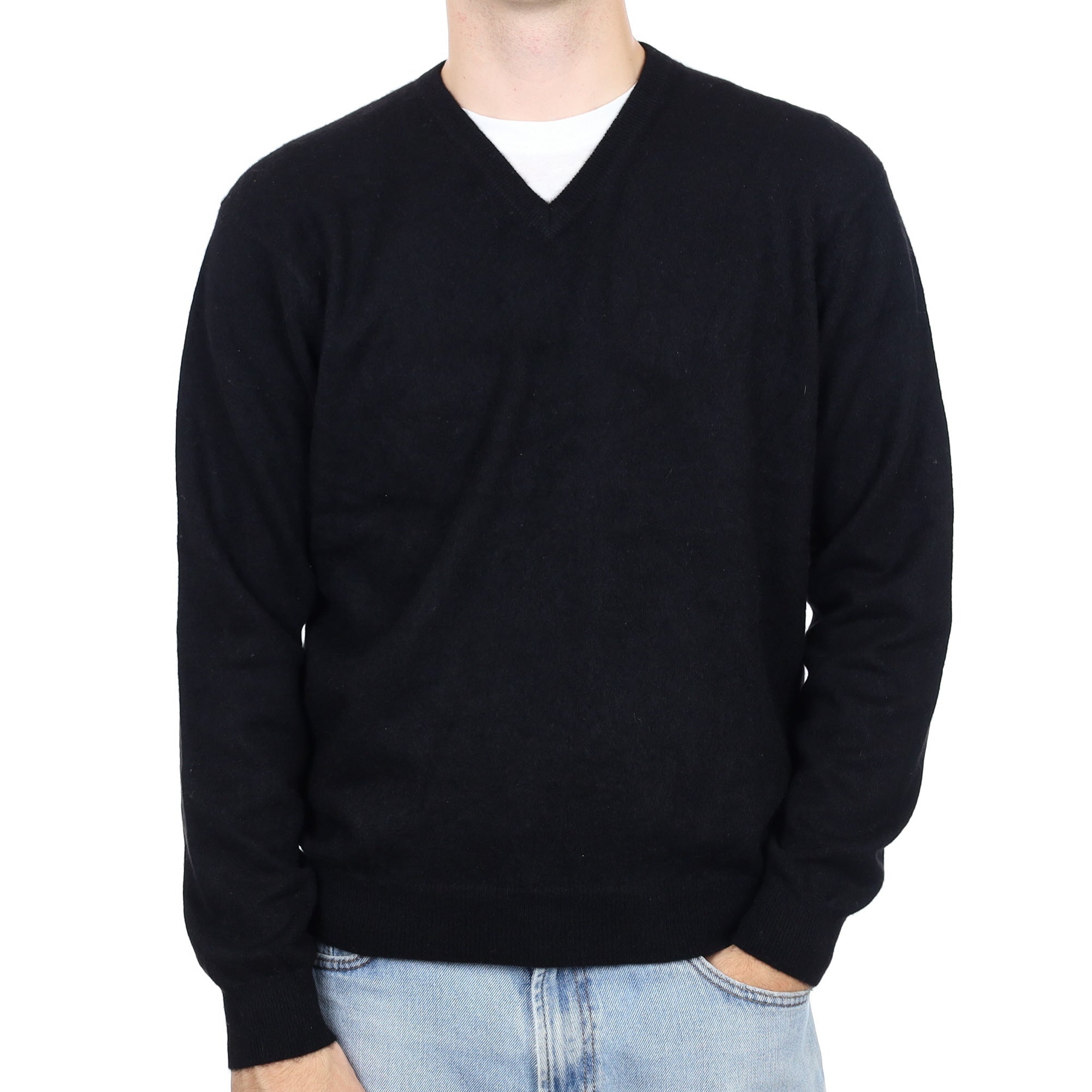 Men's Black Cashmere V Neck Jumper Large