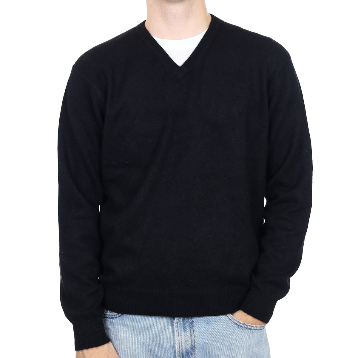 Men's Black Cashmere V Neck Jumper Large