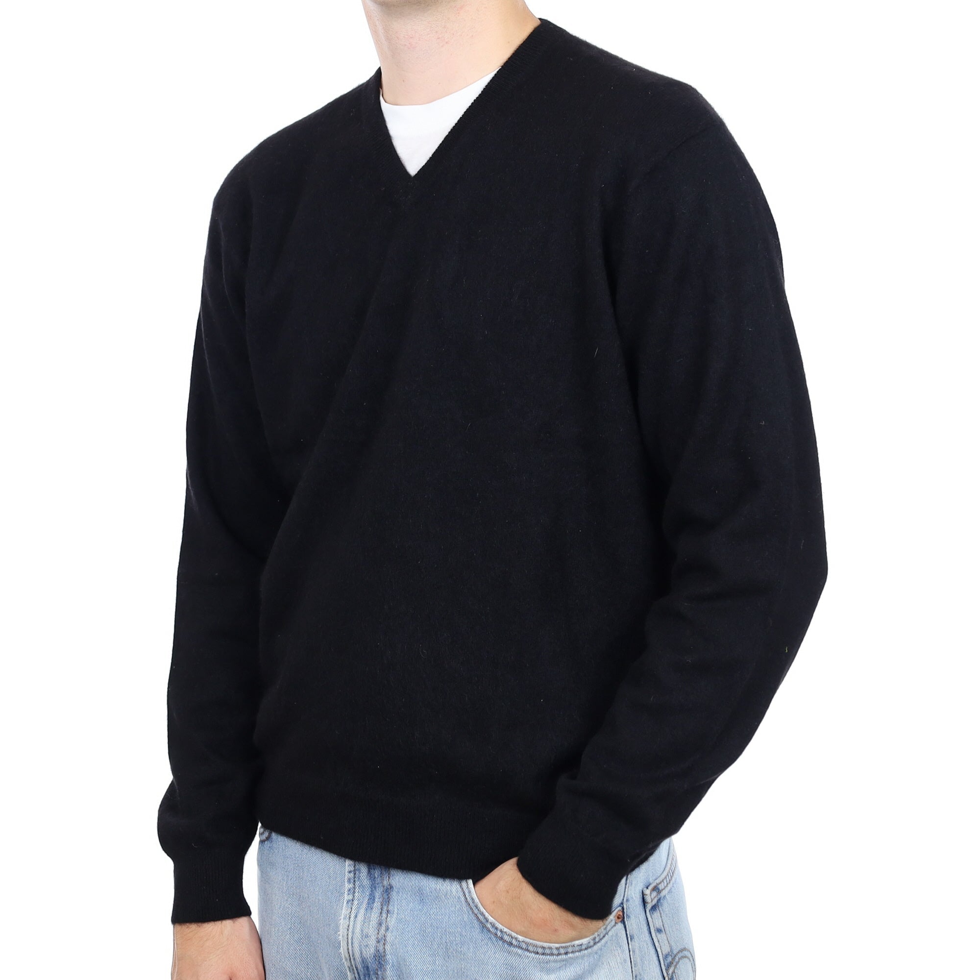 Men's Black Cashmere V Neck Jumper Large