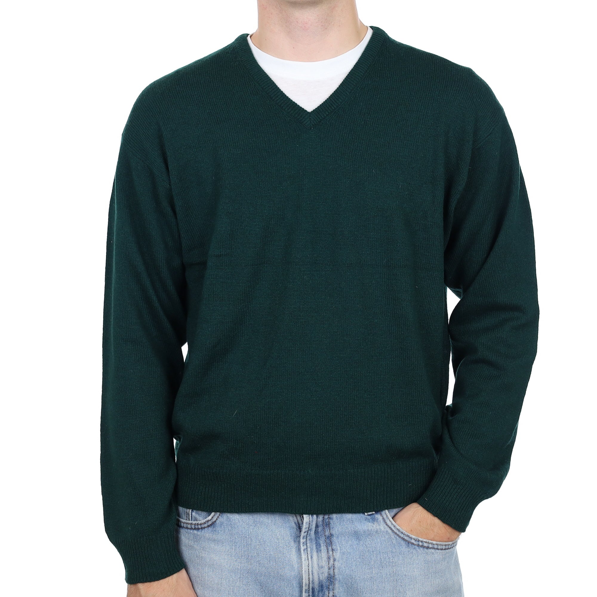 Men's Bottle Green Cashmere V Neck Jumper Large