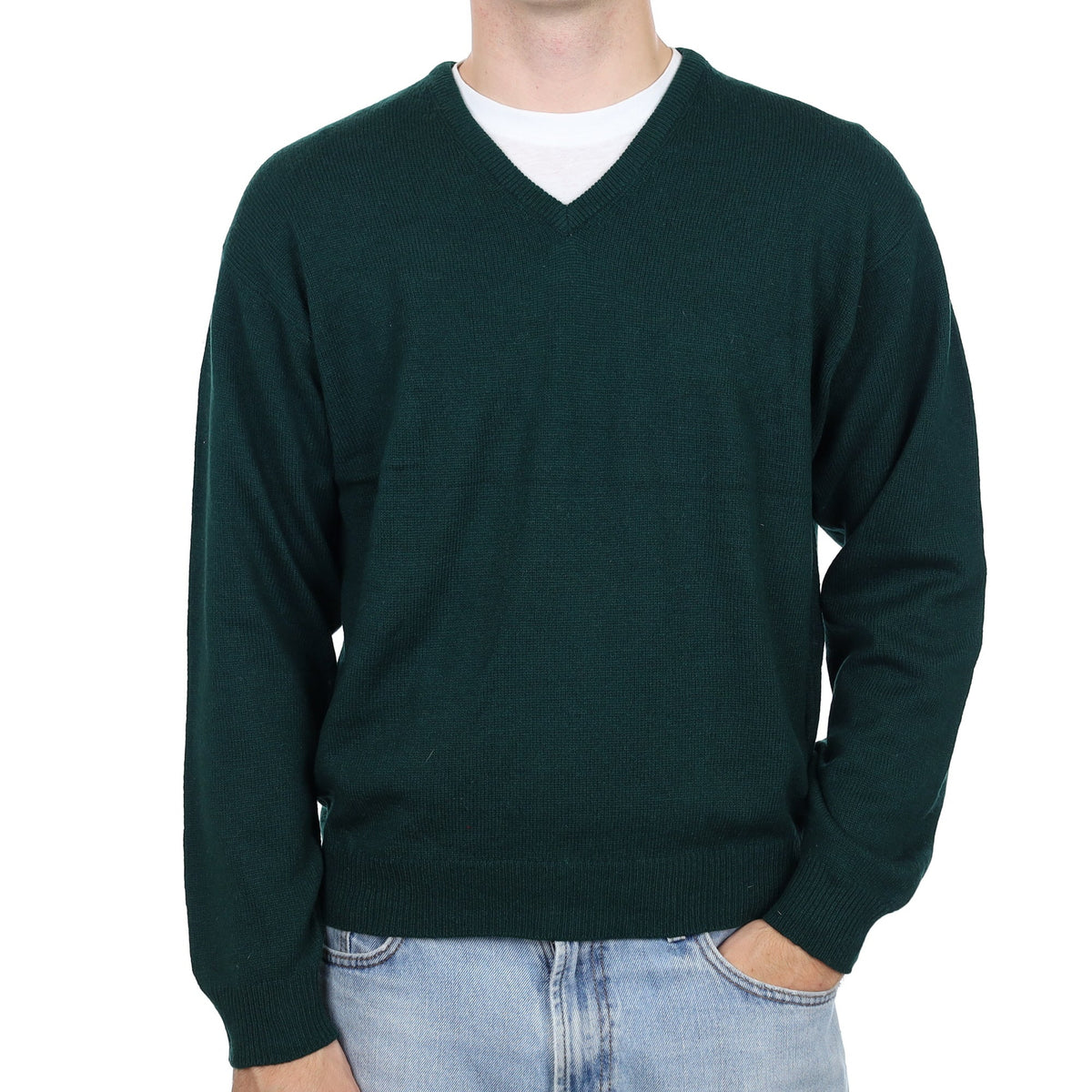 Men's Bottle Green Cashmere V Neck Jumper Large