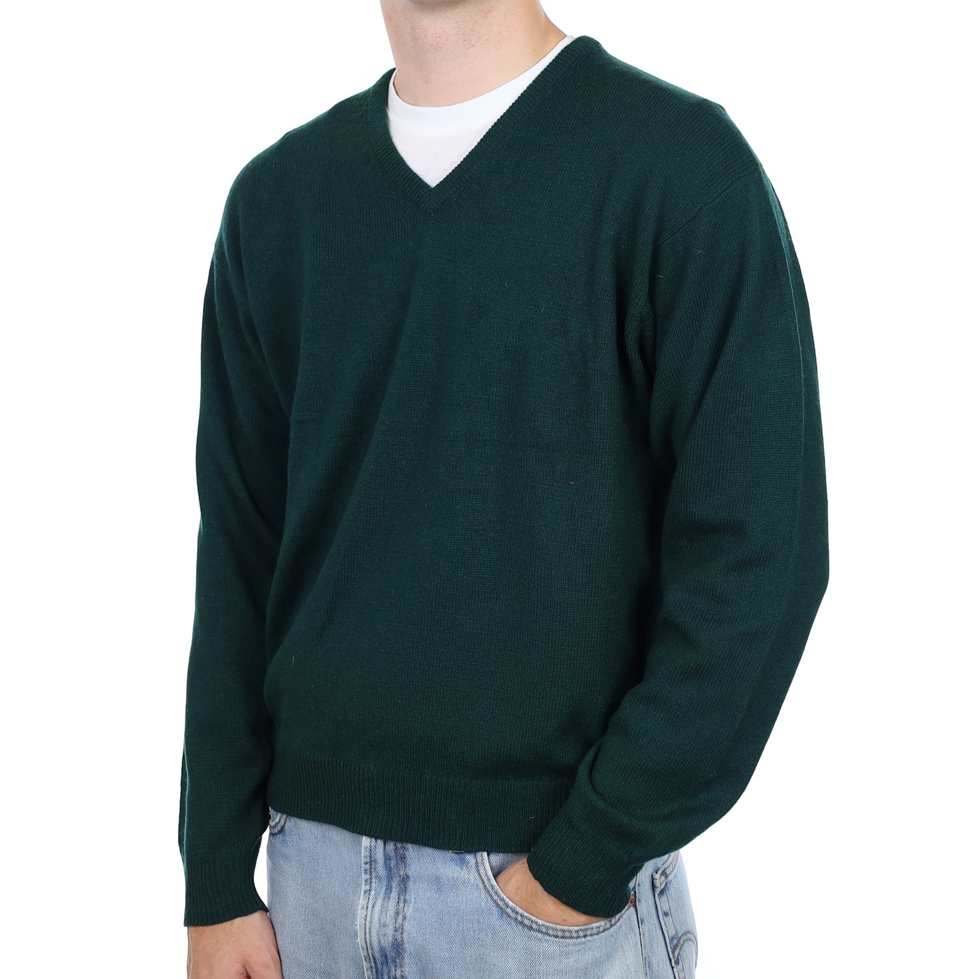 Men's Bottle Green Cashmere V Neck Jumper Large