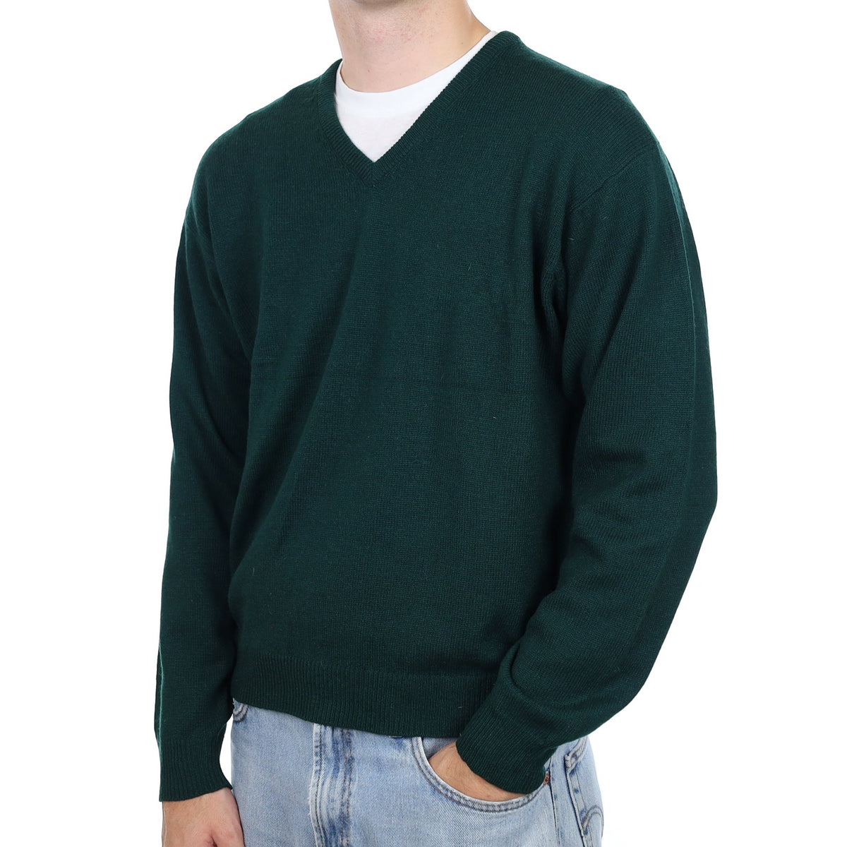 Men's Bottle Green Cashmere V Neck Jumper Large