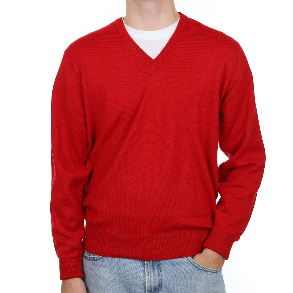 Men's  Scottish Scarlet Red Cashmere V Neck Jumper Large