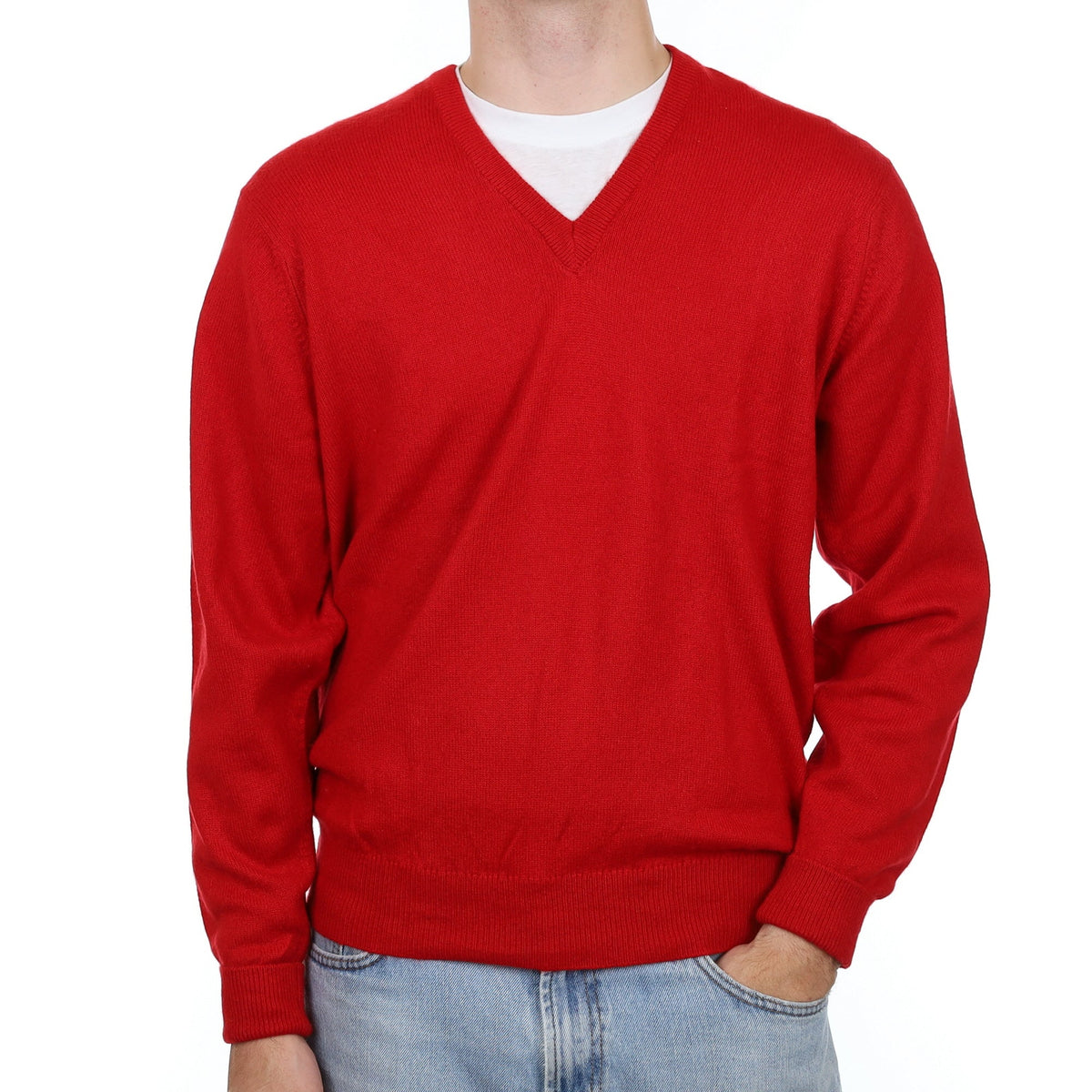 Men's  Scottish Scarlet Red Cashmere V Neck Jumper Large