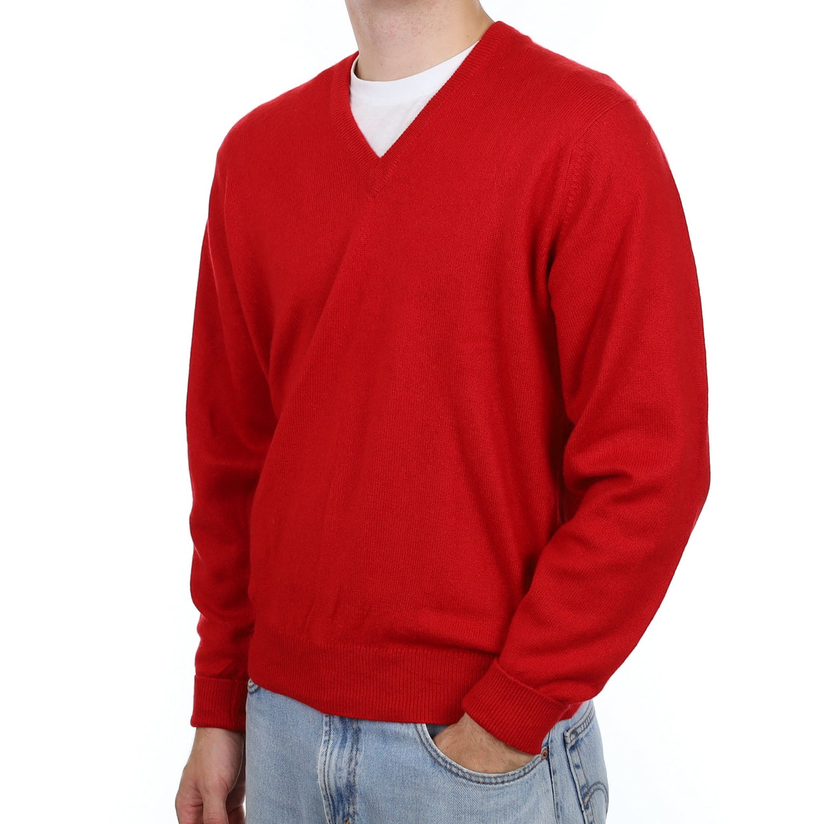 Men's  Scottish Scarlet Red Cashmere V Neck Jumper Large