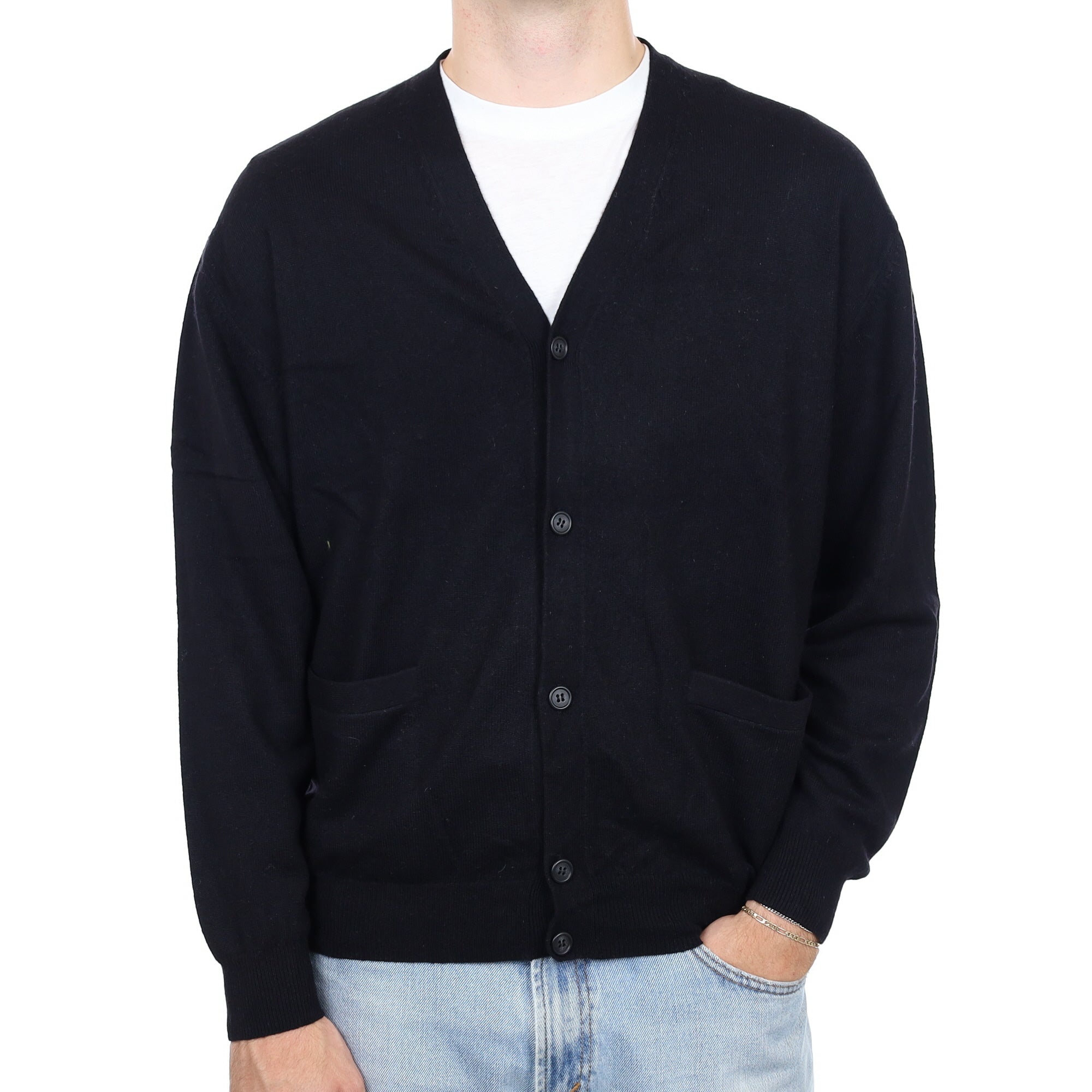 Men's Black Cashmere V Neck Cardigan with Pockets Large