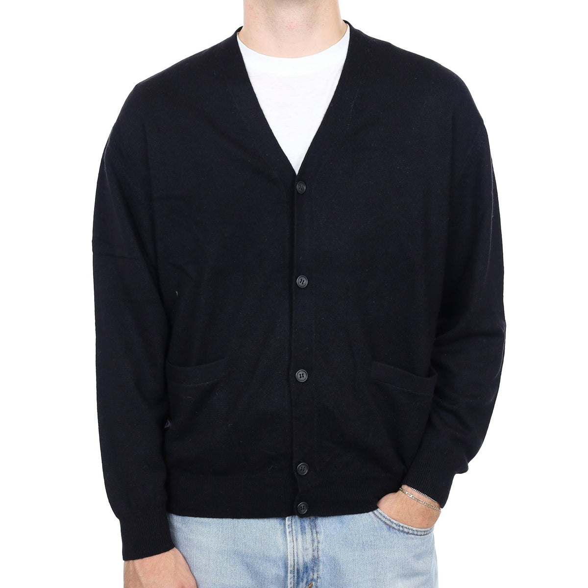 Men's Black Cashmere V Neck Cardigan with Pockets Large