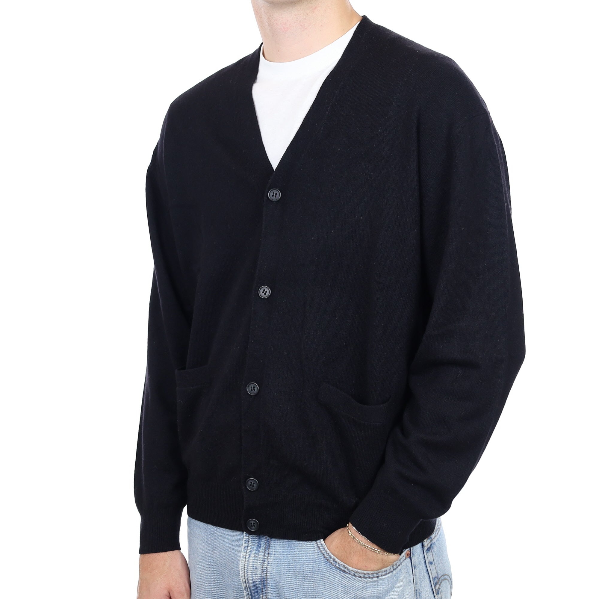 Men's Black Cashmere V Neck Cardigan with Pockets Large
