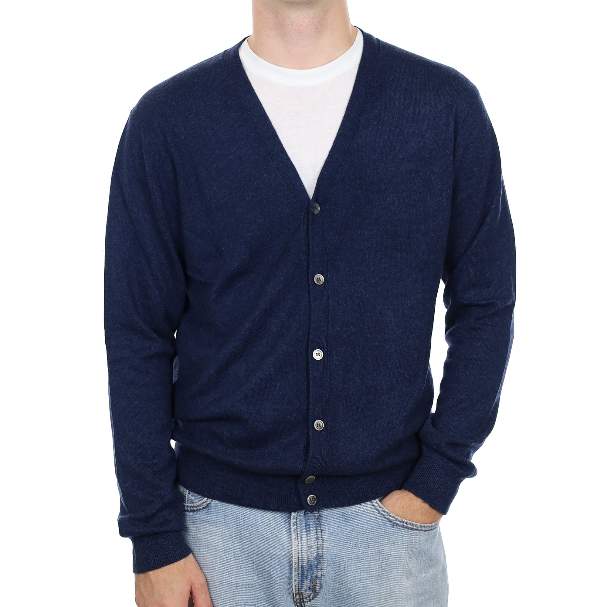 Men's Navy Marl Cashmere V Neck Cardigan Large