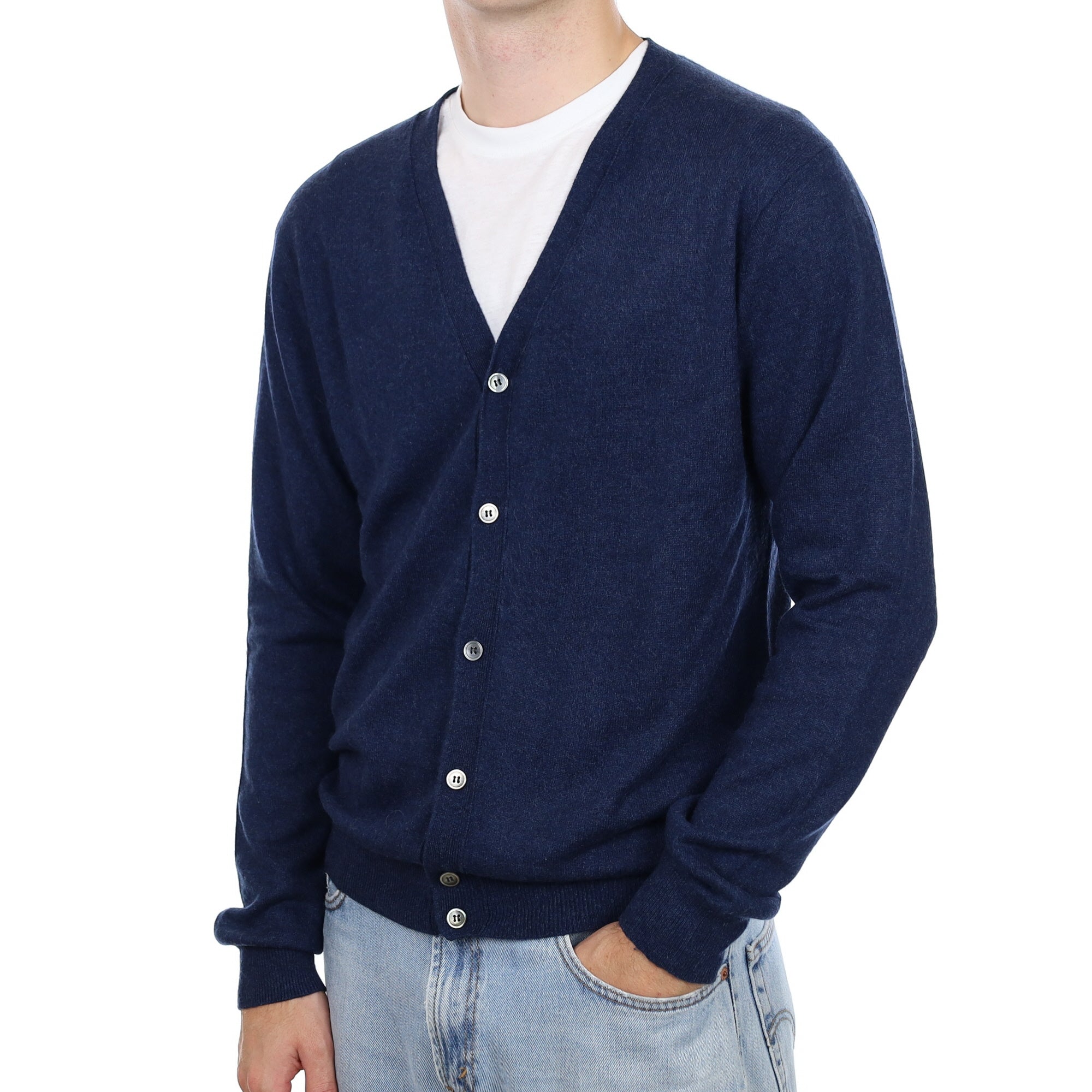 Men's Navy Marl Cashmere V Neck Cardigan Large