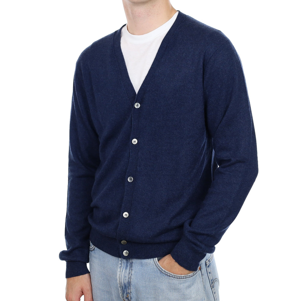Men's Navy Marl Cashmere V Neck Cardigan Large