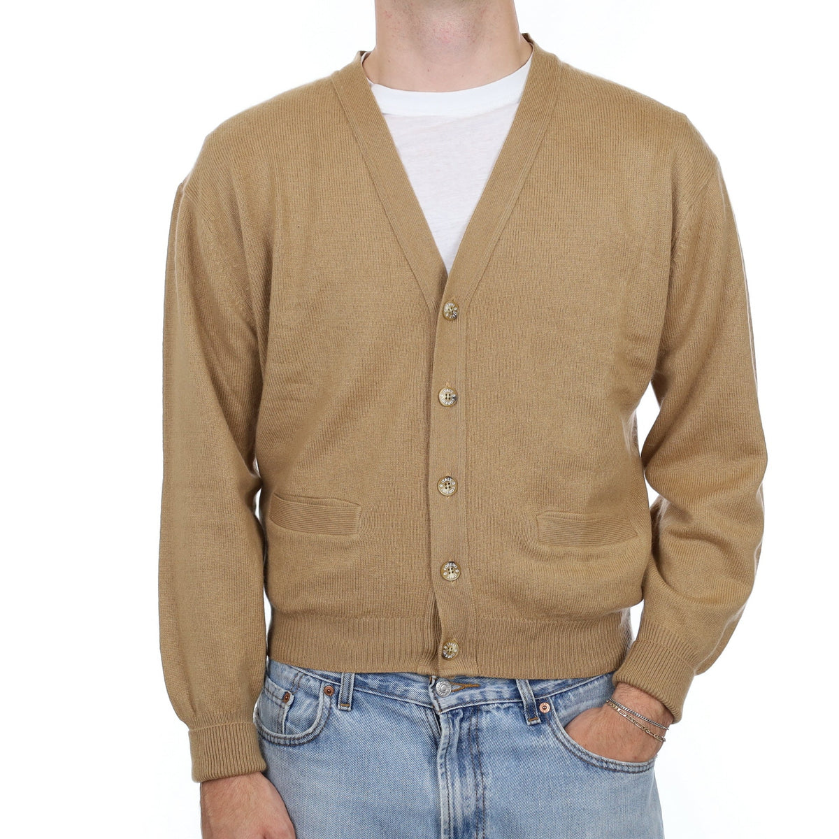 Men's Camel Cashmere V Neck Cardigan with Pockets Large