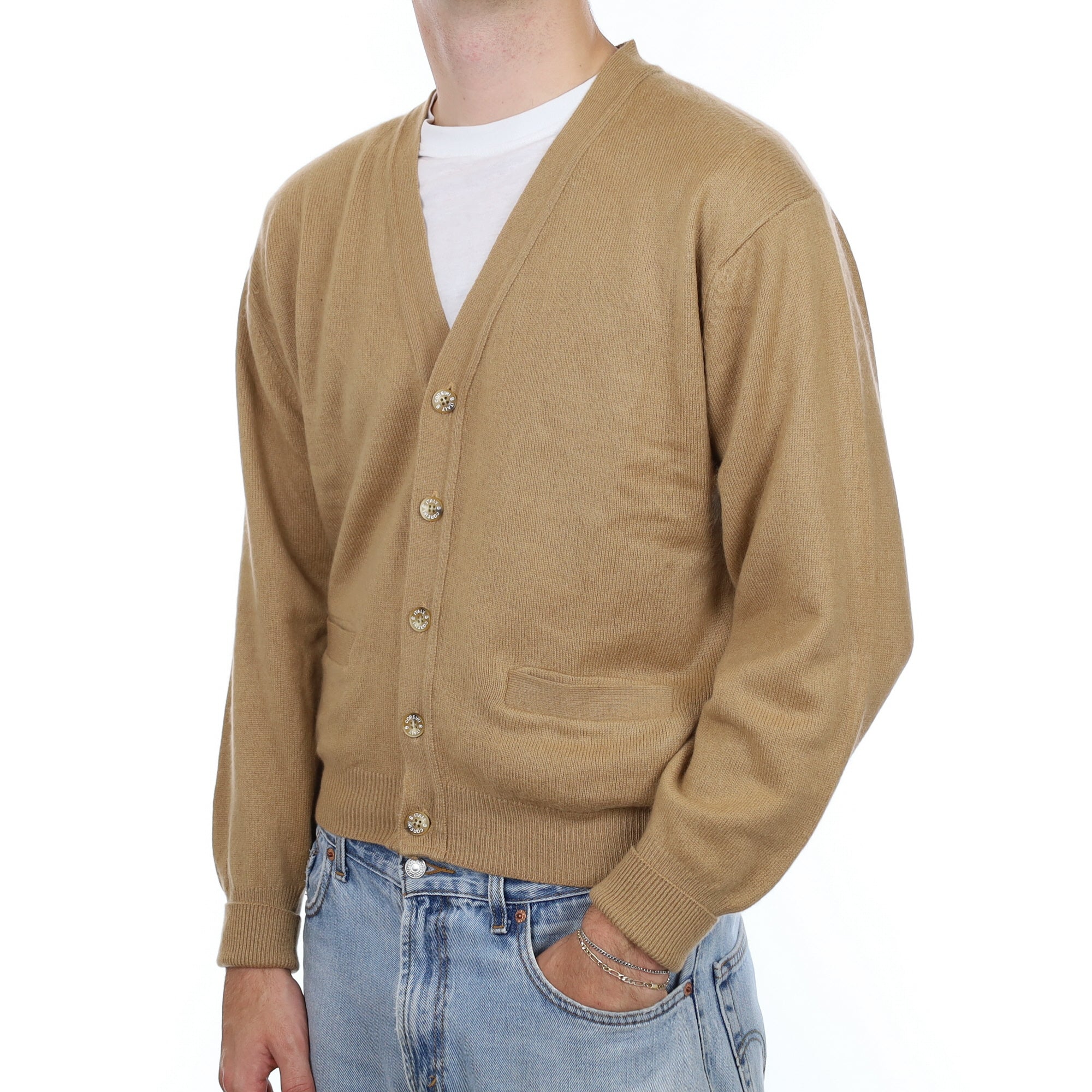 Men's Camel Cashmere V Neck Cardigan with Pockets Large