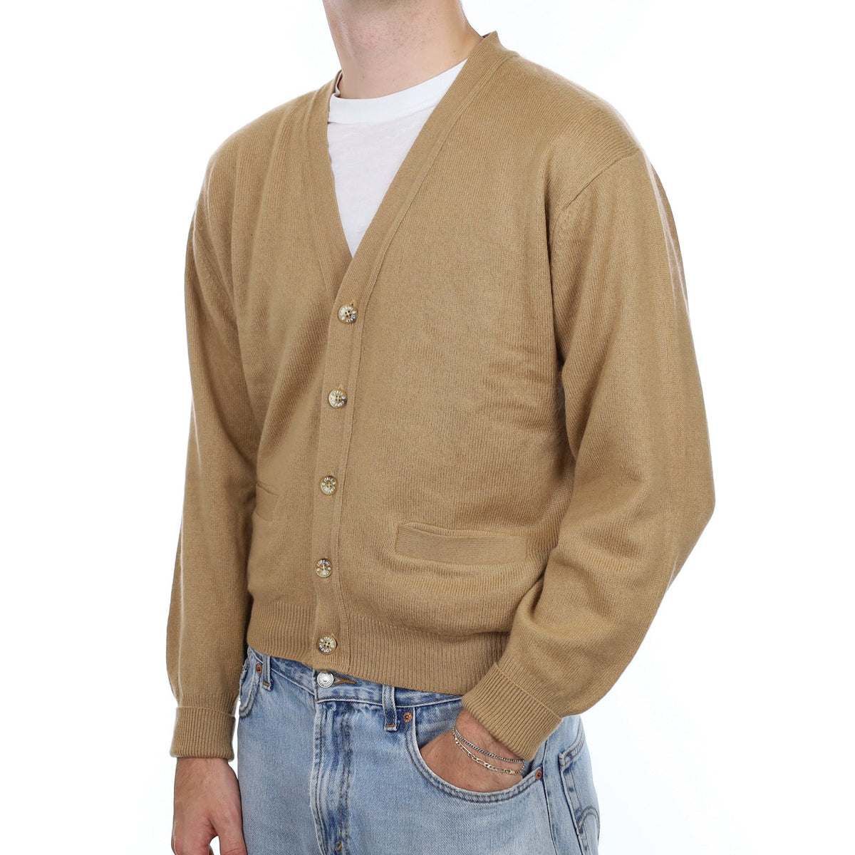 Men's Camel Cashmere V Neck Cardigan with Pockets Large