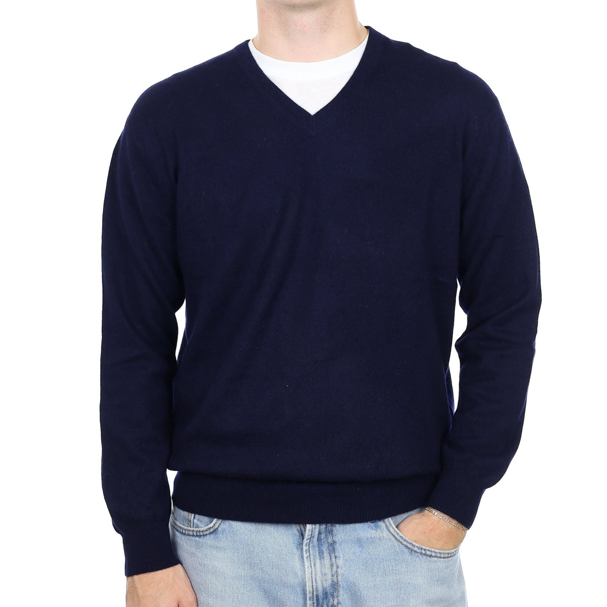 Men's Navy Cashmere V Neck Jumper Large