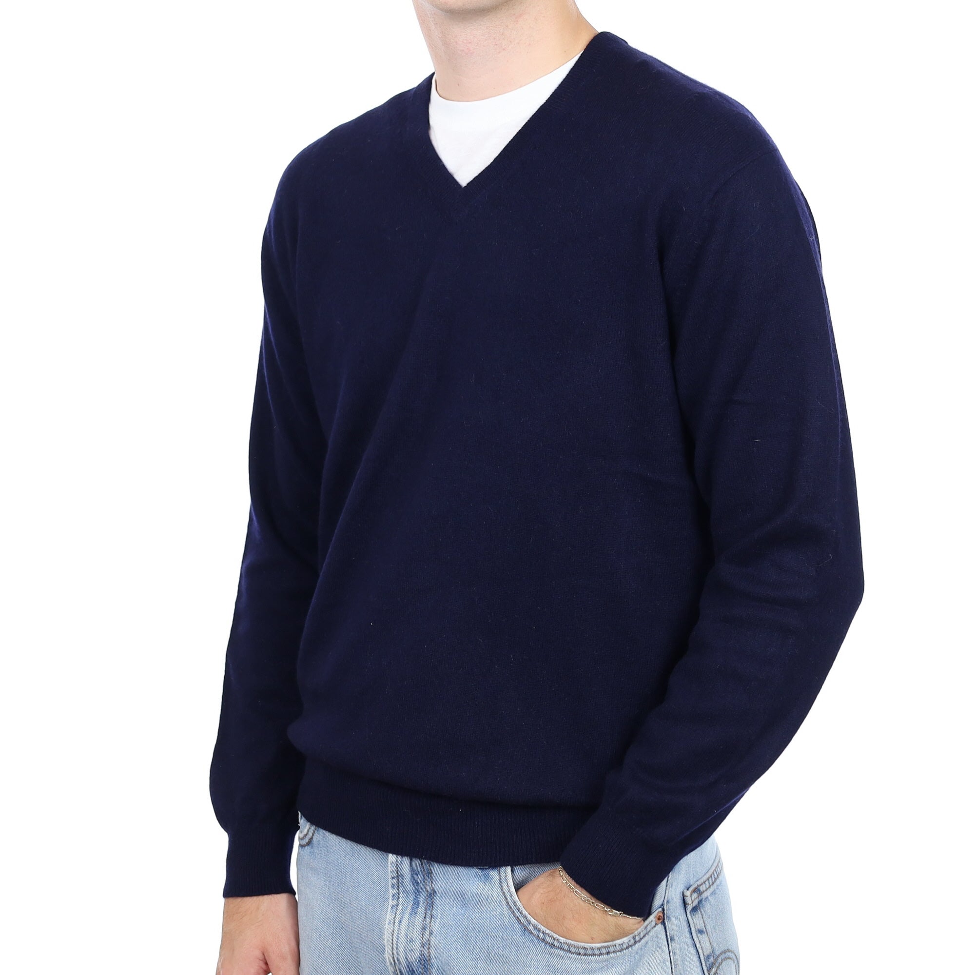 Men's Navy Cashmere V Neck Jumper Large