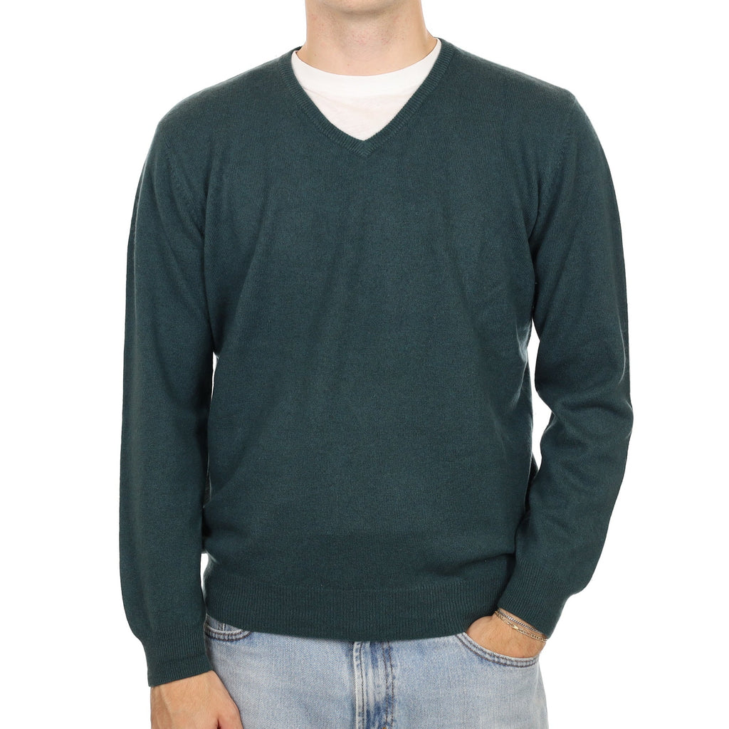 Men's Spruce Green Cashmere V Neck Jumper Large