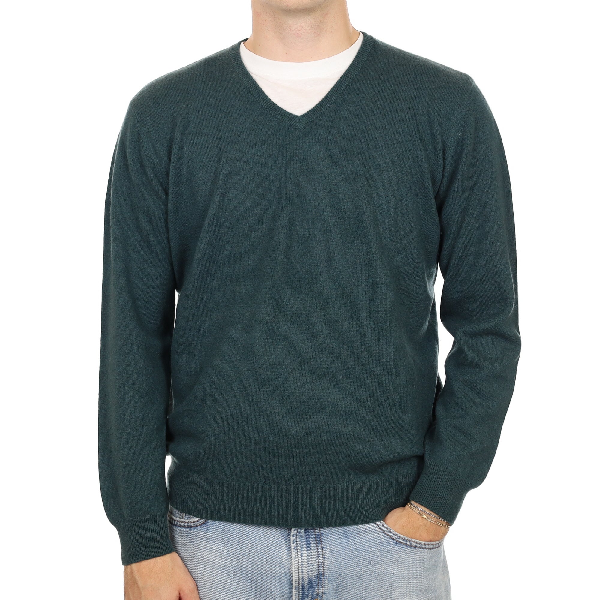 Men's Spruce Green Cashmere V Neck Jumper Large
