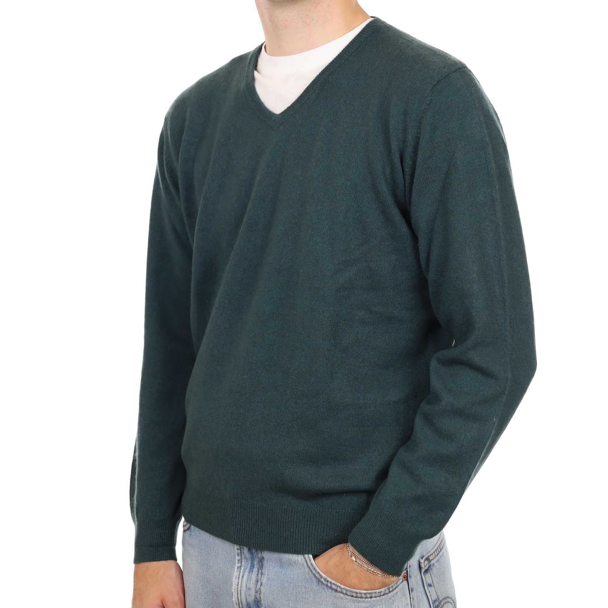 Men's Spruce Green Cashmere V Neck Jumper Large