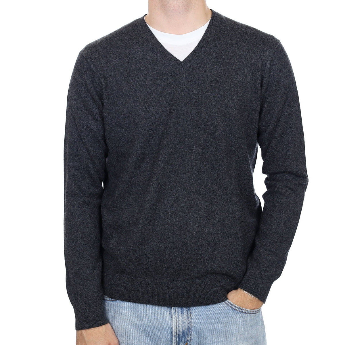Men's Charcoal Grey Cashmere V Neck Jumper Large