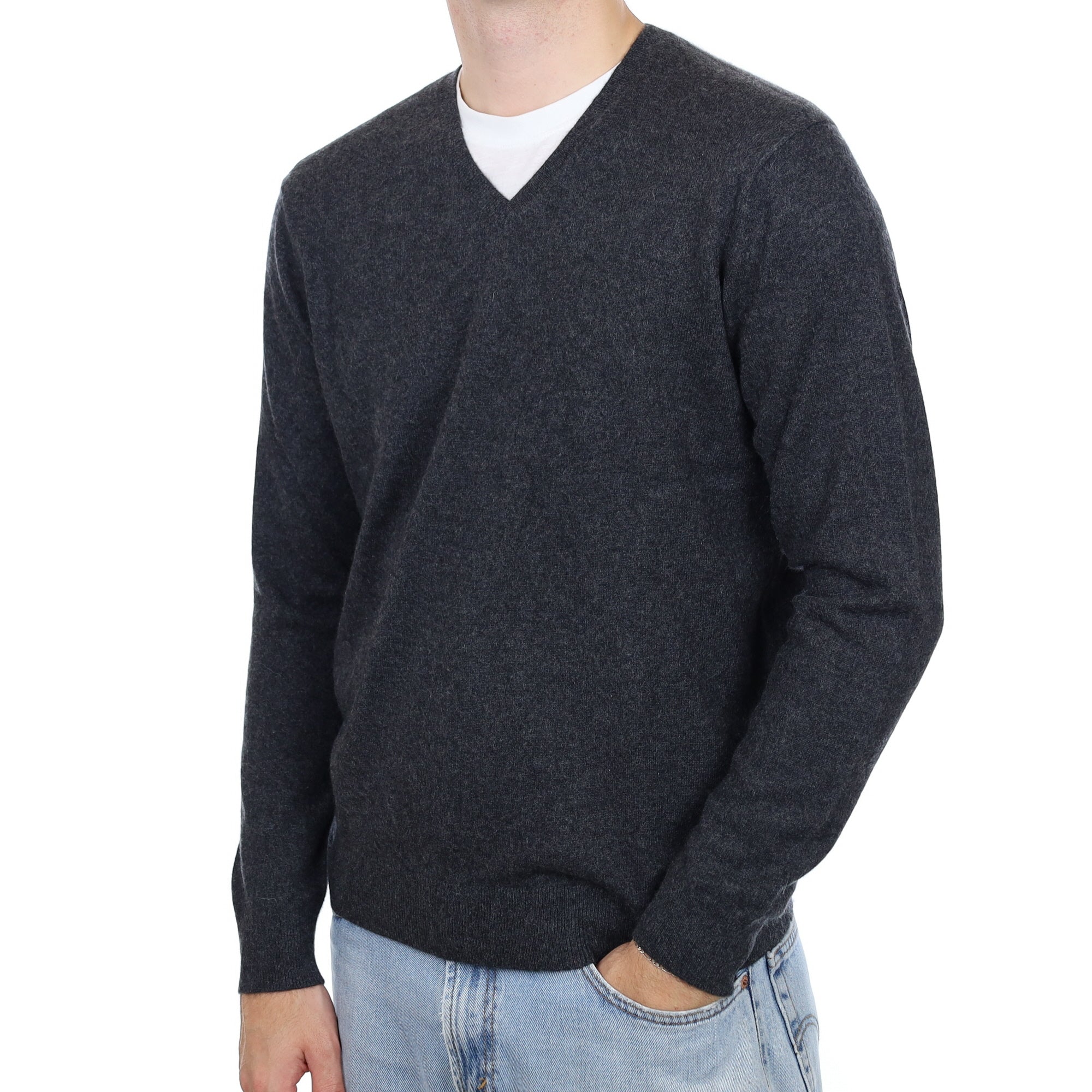 Men's Charcoal Grey Cashmere V Neck Jumper Large