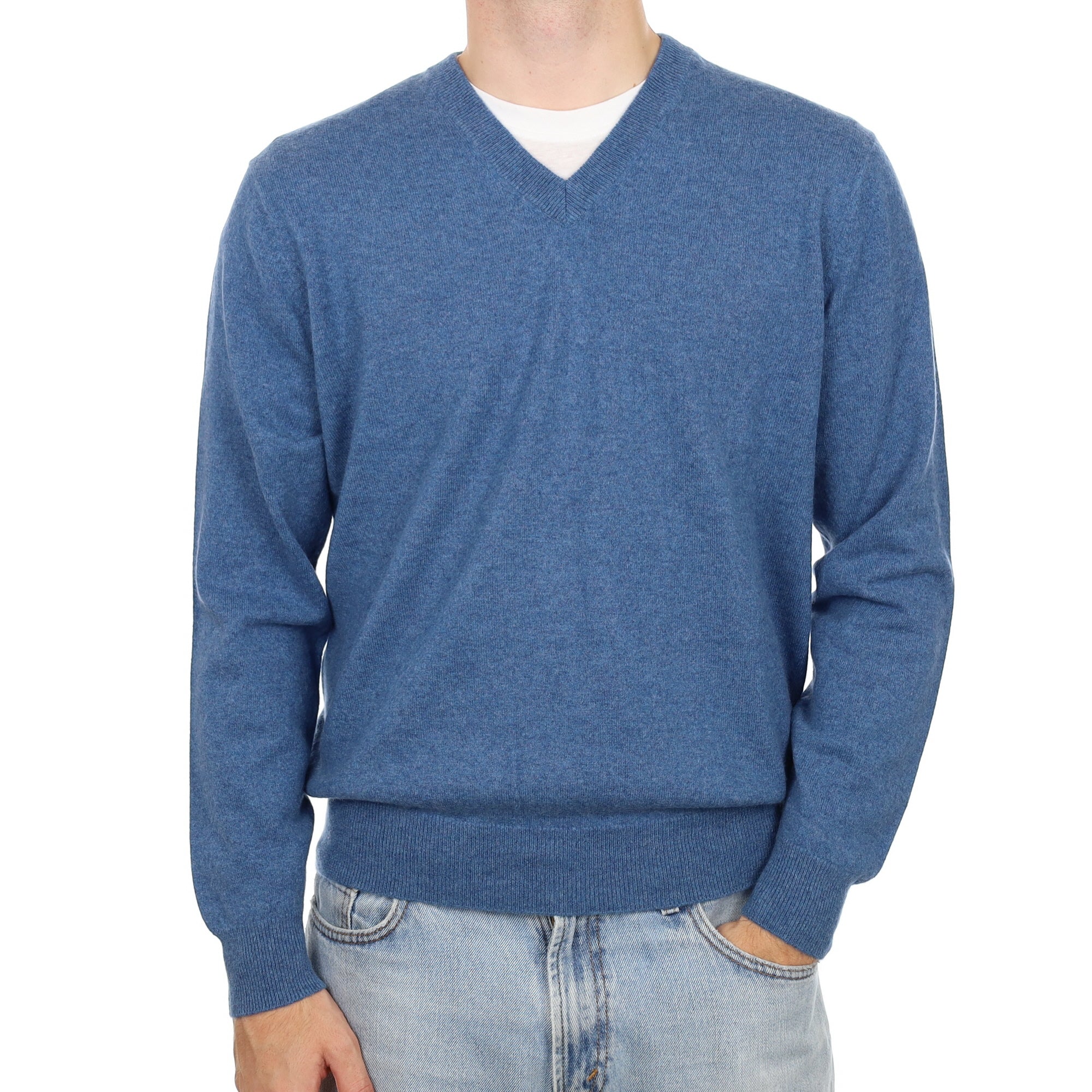Men's Denim Blue Cashmere V Neck Jumper Large