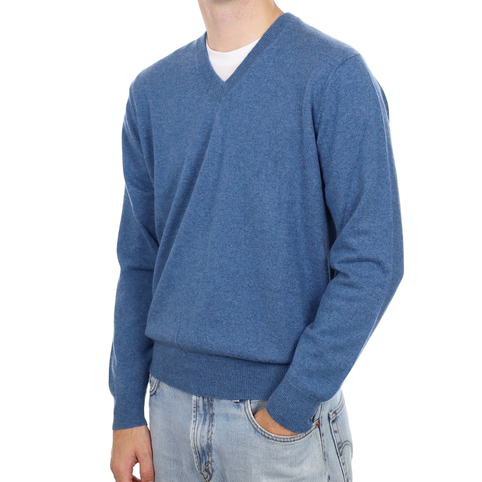 Men's Denim Blue Cashmere V Neck Jumper Large
