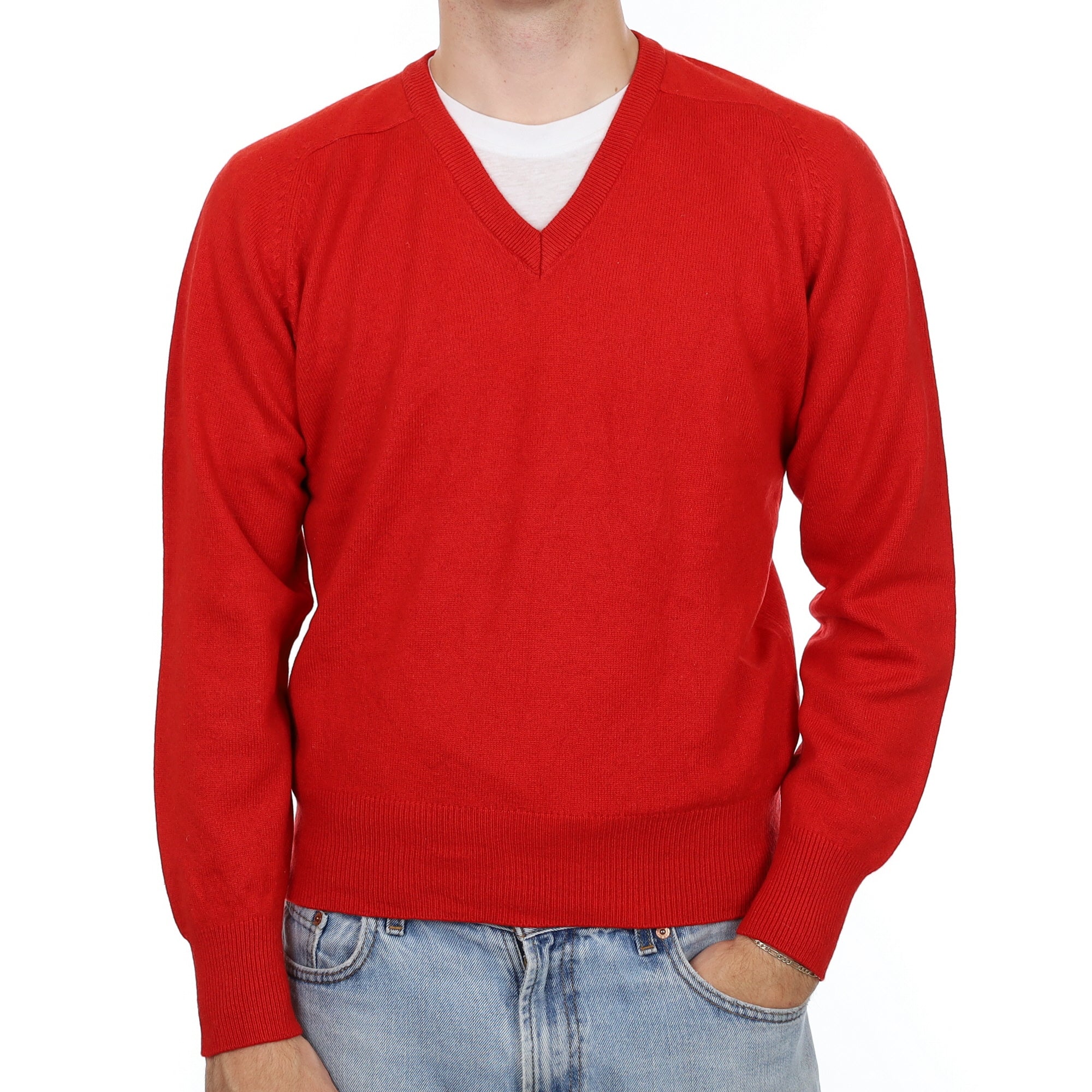 Men's Vintage Spanish Red Cashmere V Neck Jumper Large