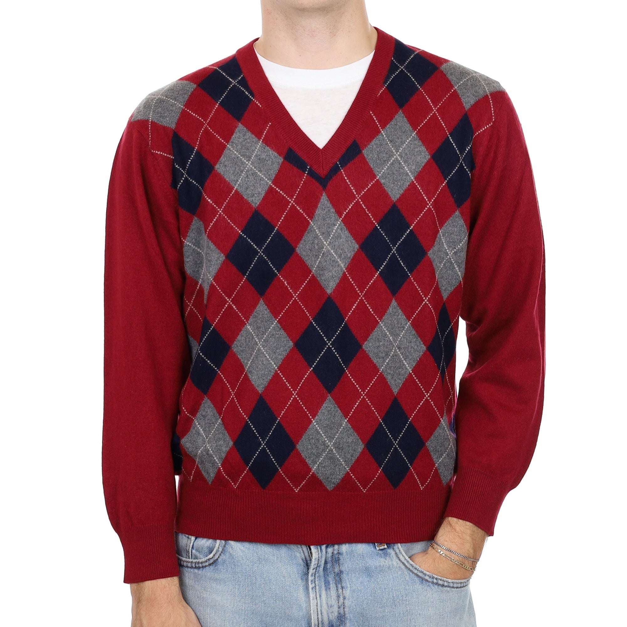 Men's Burgundy Navy Diamond Cashmere V Neck Jumper Large