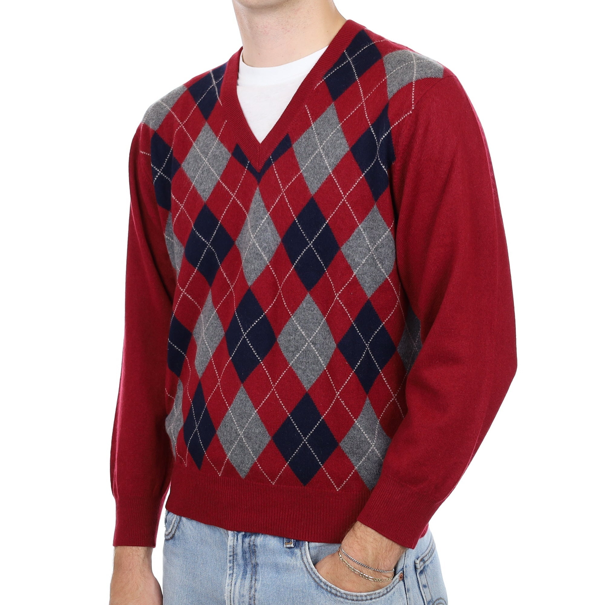 Men's Burgundy Navy Diamond Cashmere V Neck Jumper Large