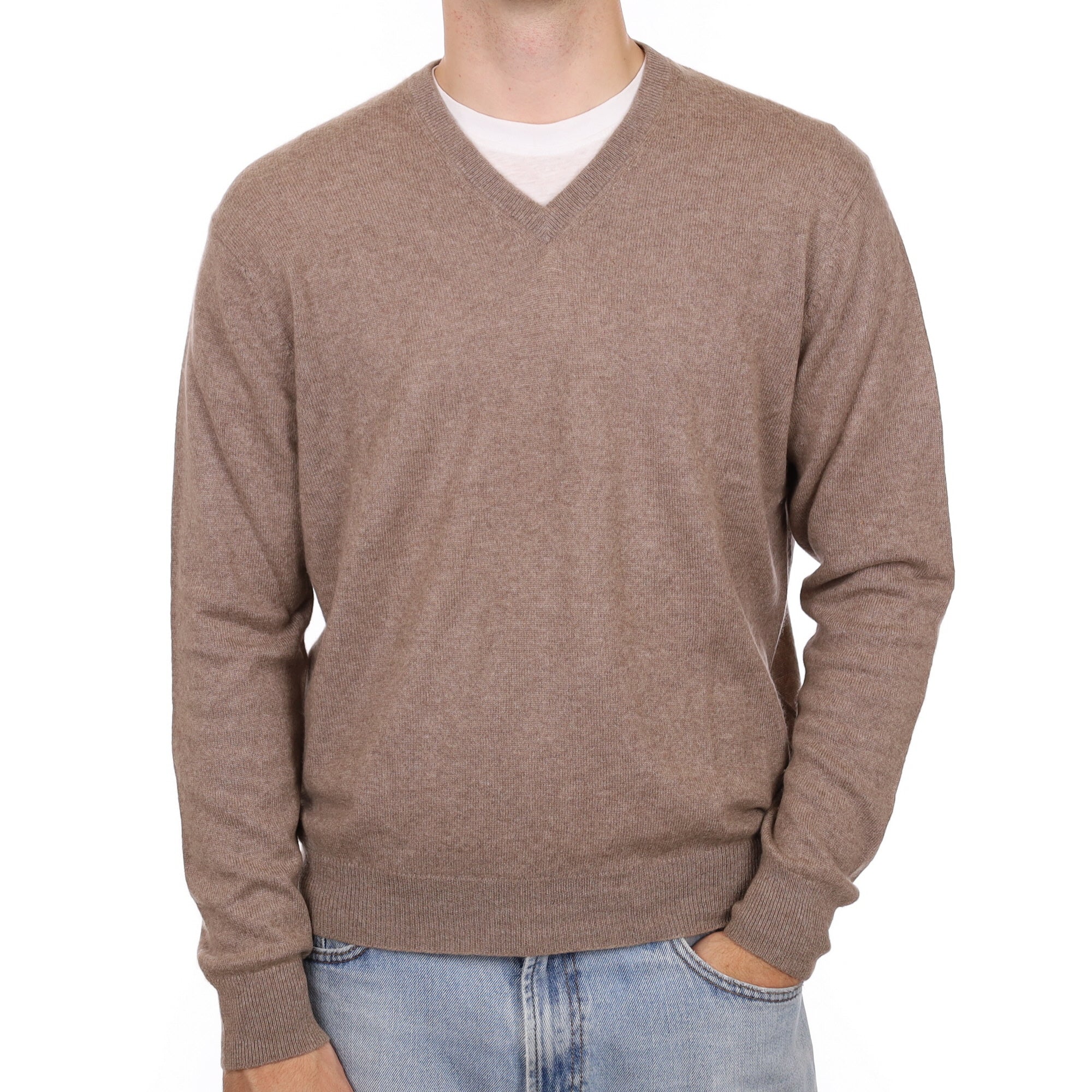 Men's Taupe Brown Cashmere V Neck Jumper Large